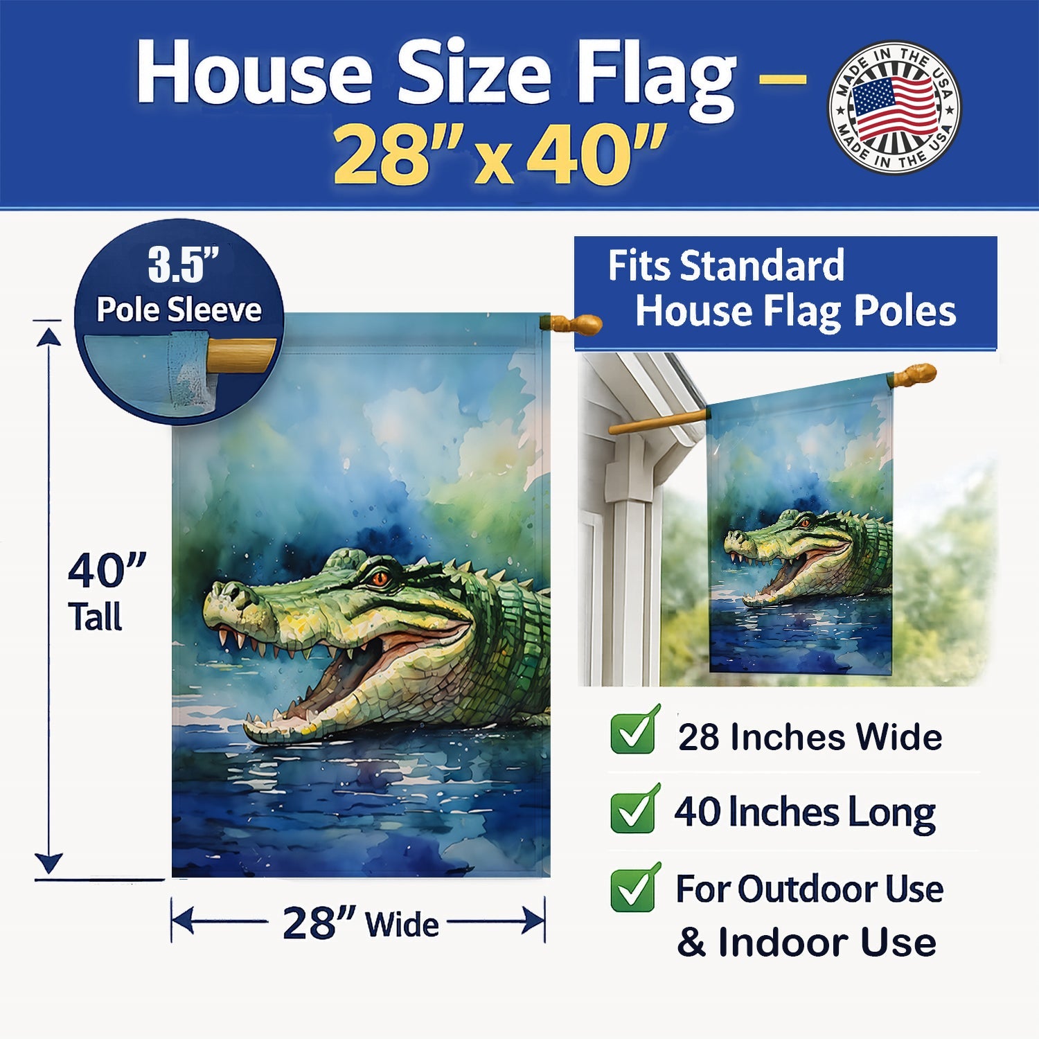Crocodile House Flag 28x40 Porch Sleeve Pole Decorative Outside Yard Banner Artwork Wall Hanging, Polyester