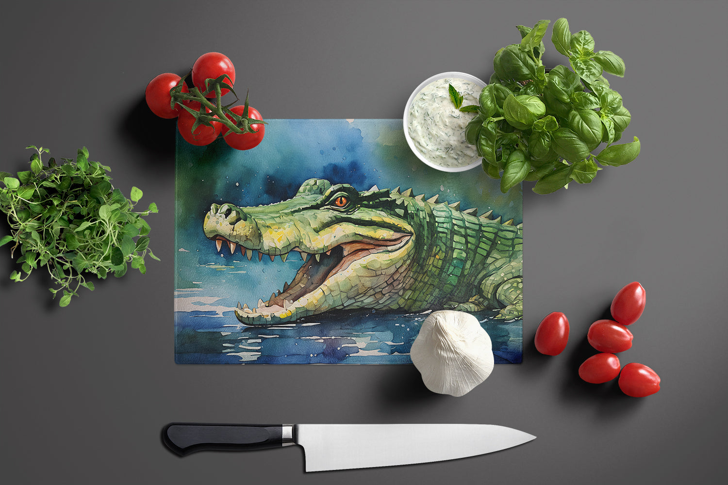 Crocodile Cutting Board Tempered Glass Kitchen Cutting Surface, Heat Resistant Chopping, Non-Slip Feet, Food Prep & Serving