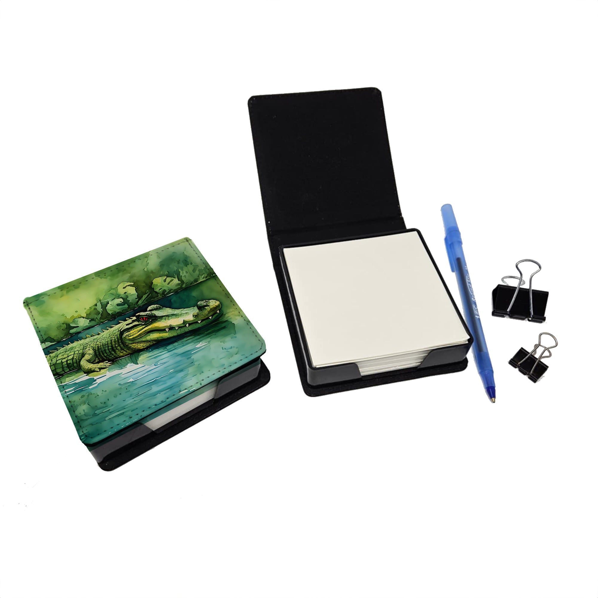 Crocodile PU Leather Note Paper Holder with Artist-Designed Cover, Desk Accessory, Office Gift