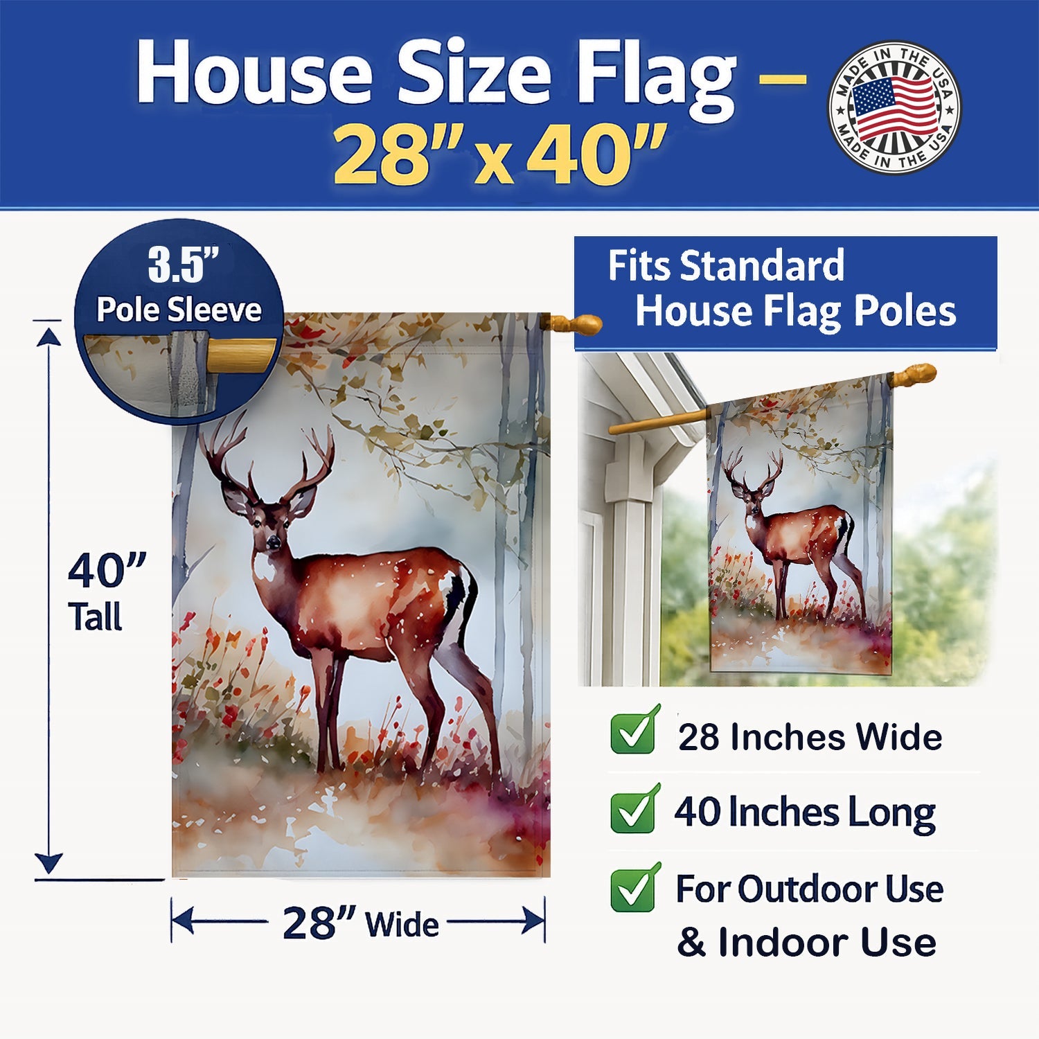 Deer House Flag 28x40 Porch Sleeve Pole Decorative Outside Yard Banner Artwork Wall Hanging, Polyester