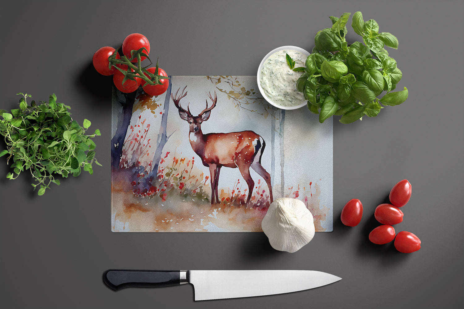 Deer Cutting Board Tempered Glass Kitchen Cutting Surface, Heat Resistant Chopping, Non-Slip Feet, Food Prep & Serving