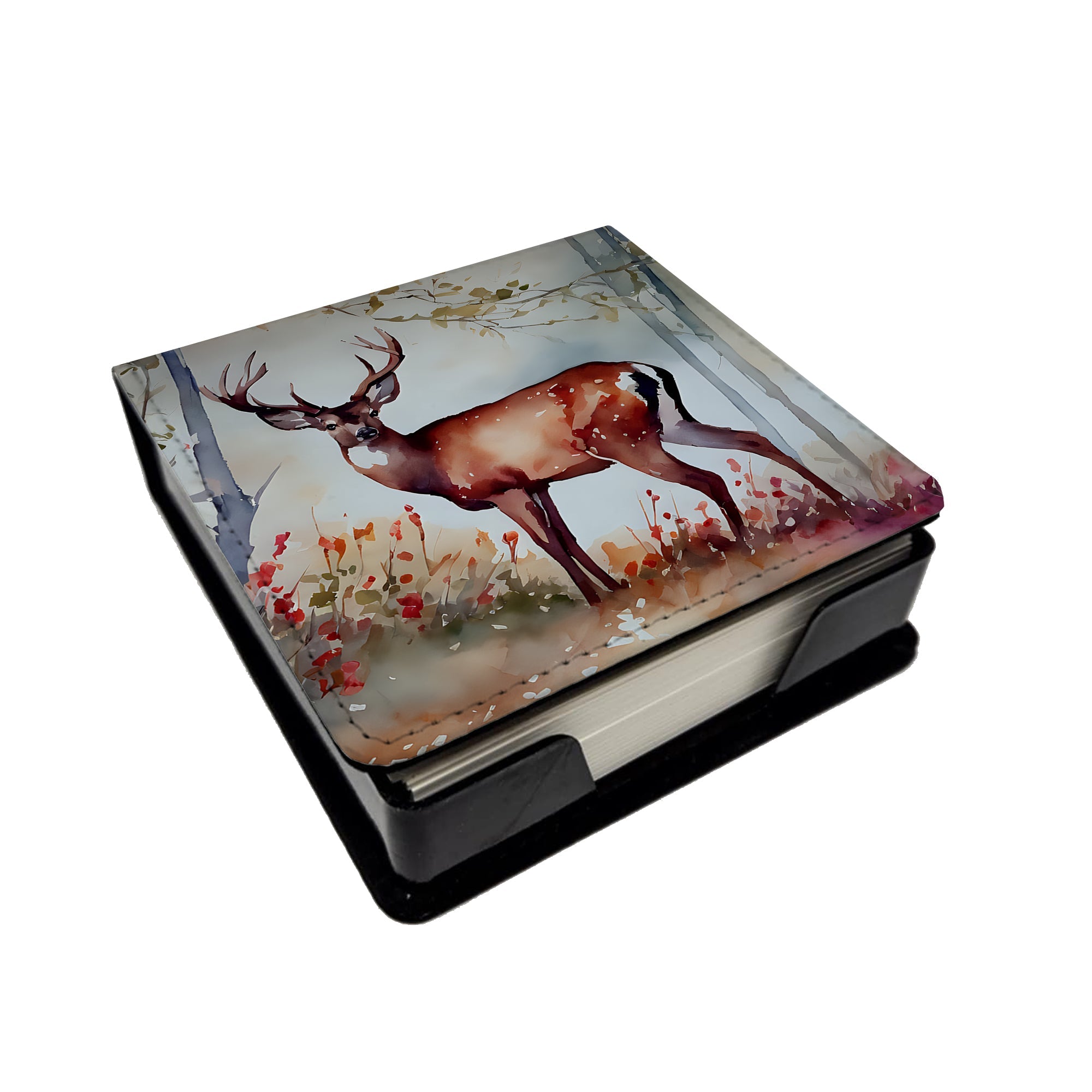 Deer PU Leather Note Paper Holder with Artist-Designed Cover, Desk Accessory, Office Gift