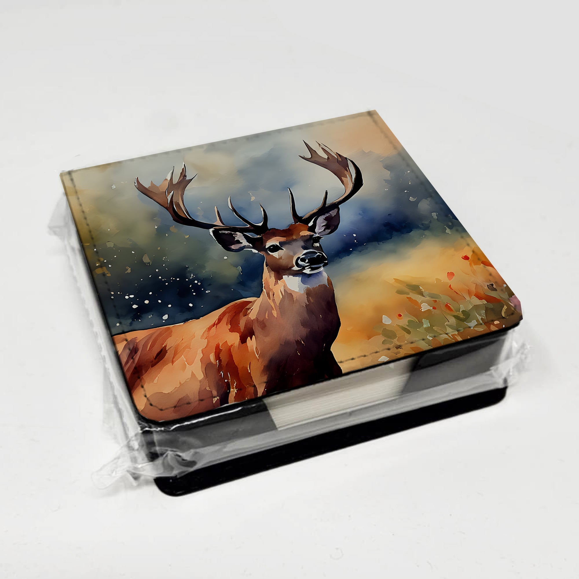 Deer PU Leather Note Paper Holder with Artist-Designed Cover, Desk Accessory, Office Gift