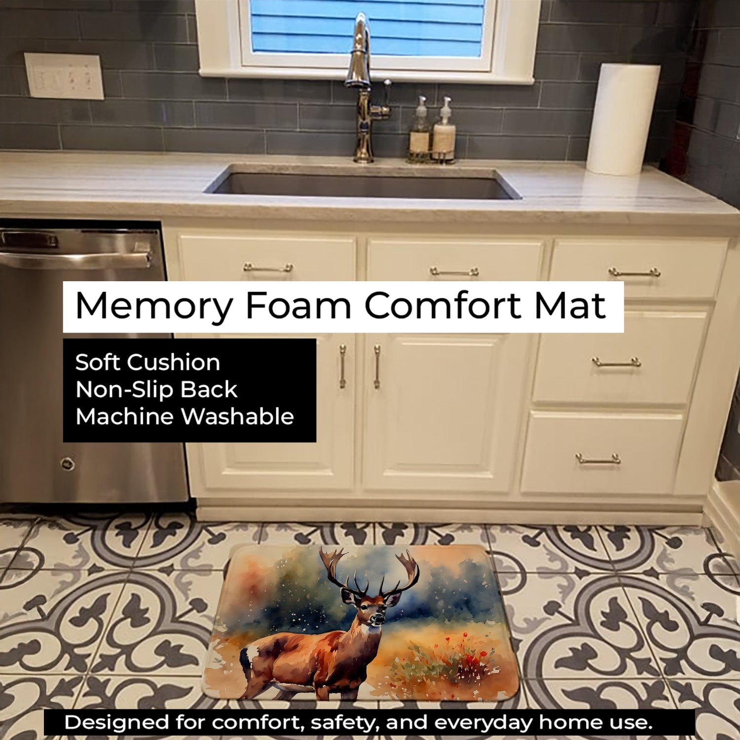 Deer Memory Foam Kitchen Mat Machine Washable Anti-Fatigue Cushion Comfort Bath or Kitchen Rug