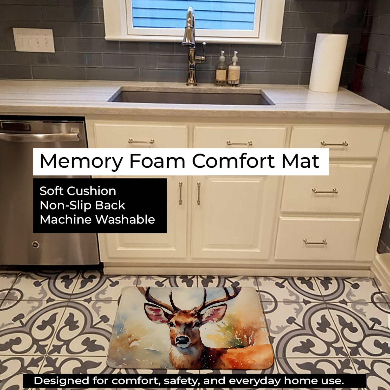 Deer Memory Foam Kitchen Mat Machine Washable Anti-Fatigue Cushion Comfort Bath or Kitchen Rug