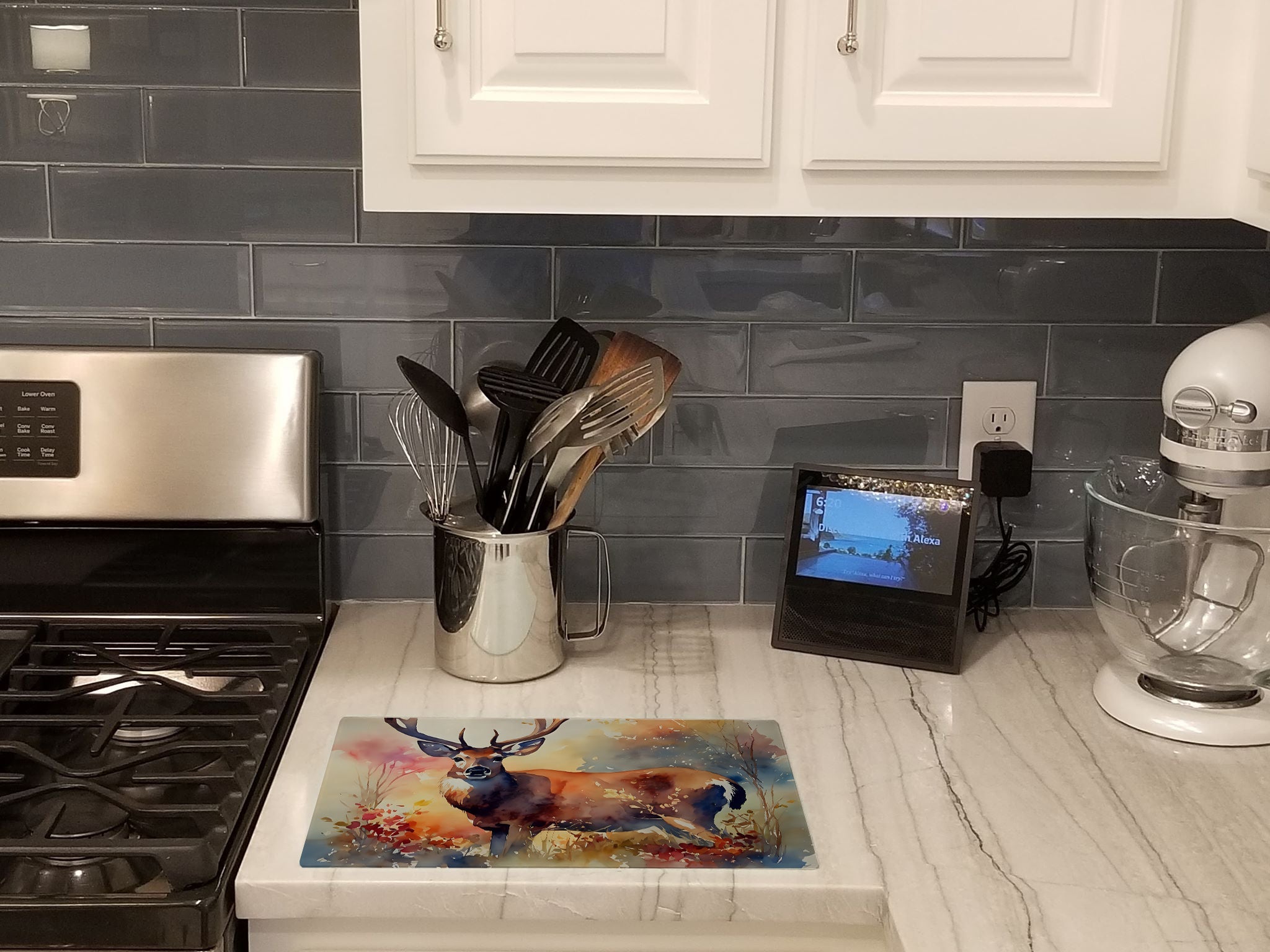 Deer Cutting Board Tempered Glass Kitchen Cutting Surface, Heat Resistant Chopping, Non-Slip Feet, Food Prep & Serving