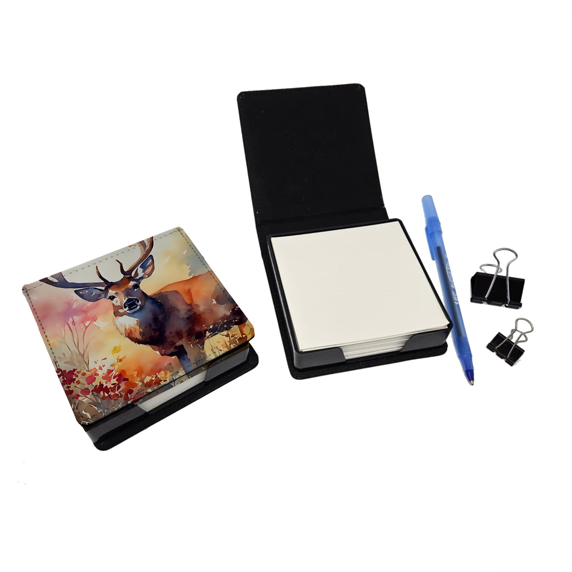Deer PU Leather Note Paper Holder with Artist-Designed Cover, Desk Accessory, Office Gift