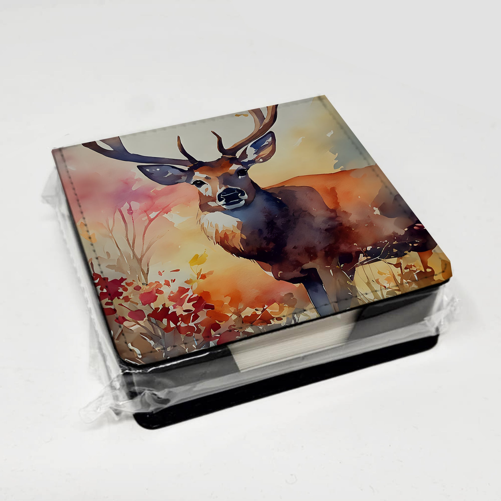 Deer PU Leather Note Paper Holder with Artist-Designed Cover, Desk Accessory, Office Gift