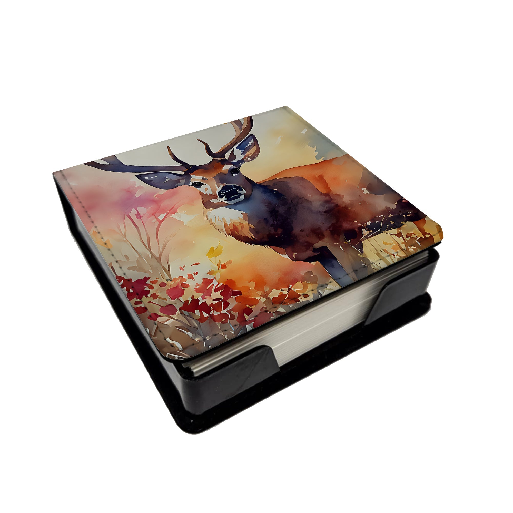 Deer PU Leather Note Paper Holder with Artist-Designed Cover, Desk Accessory, Office Gift