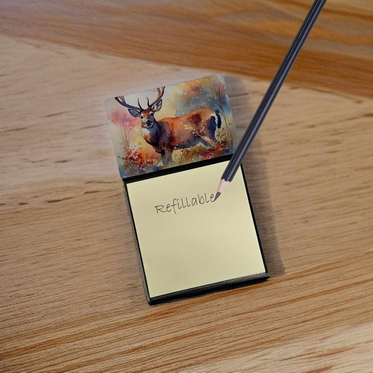 Deer Watercolor Sticky Note Holder Refillable Dispenser Desk Accessory 3x3 Pad Gift