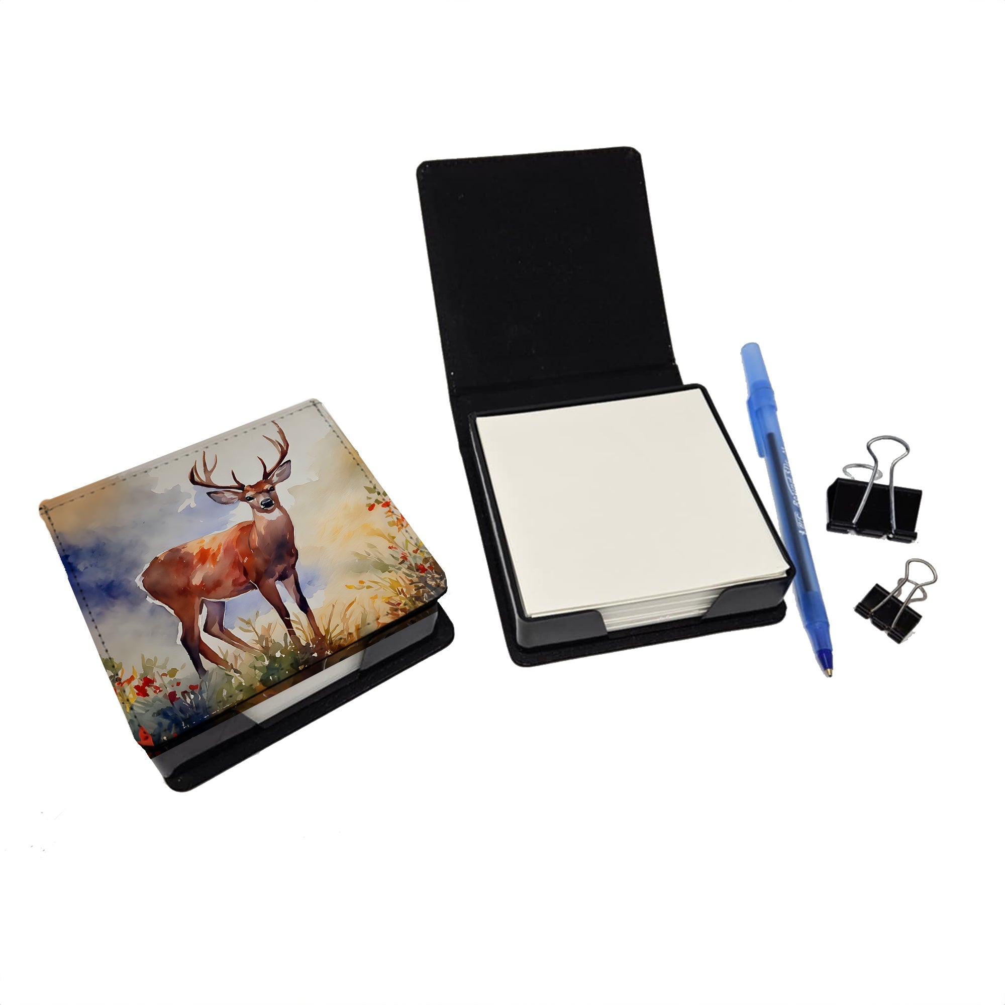 Deer PU Leather Note Paper Holder with Artist-Designed Cover, Desk Accessory, Office Gift