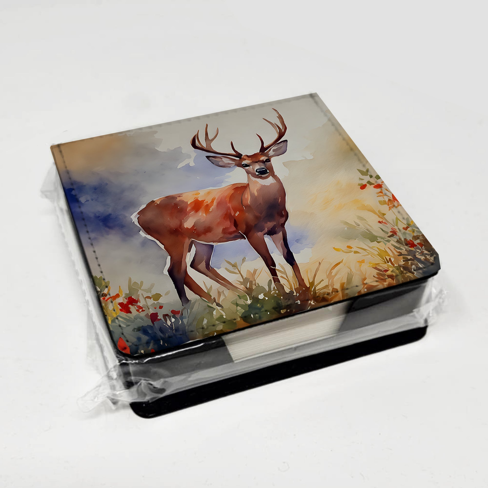 Deer PU Leather Note Paper Holder with Artist-Designed Cover, Desk Accessory, Office Gift