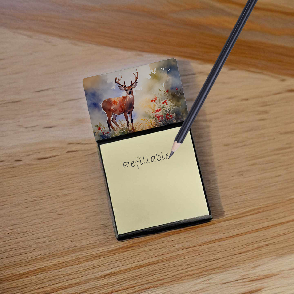 Deer Watercolor Sticky Note Holder Refillable Dispenser Desk Accessory 3x3 Pad Gift