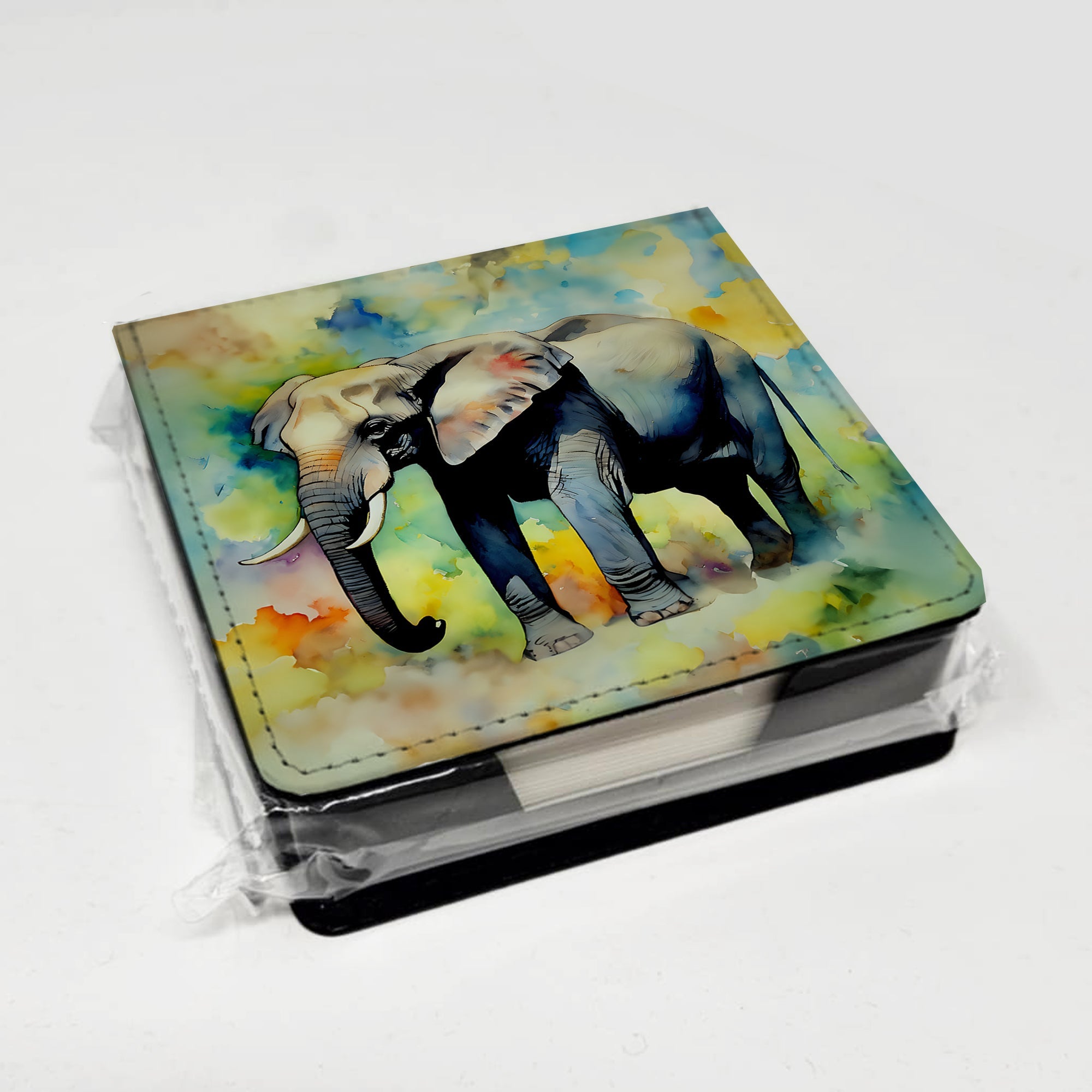 Elephant PU Leather Note Paper Holder with Artist-Designed Cover, Desk Accessory, Office Gift