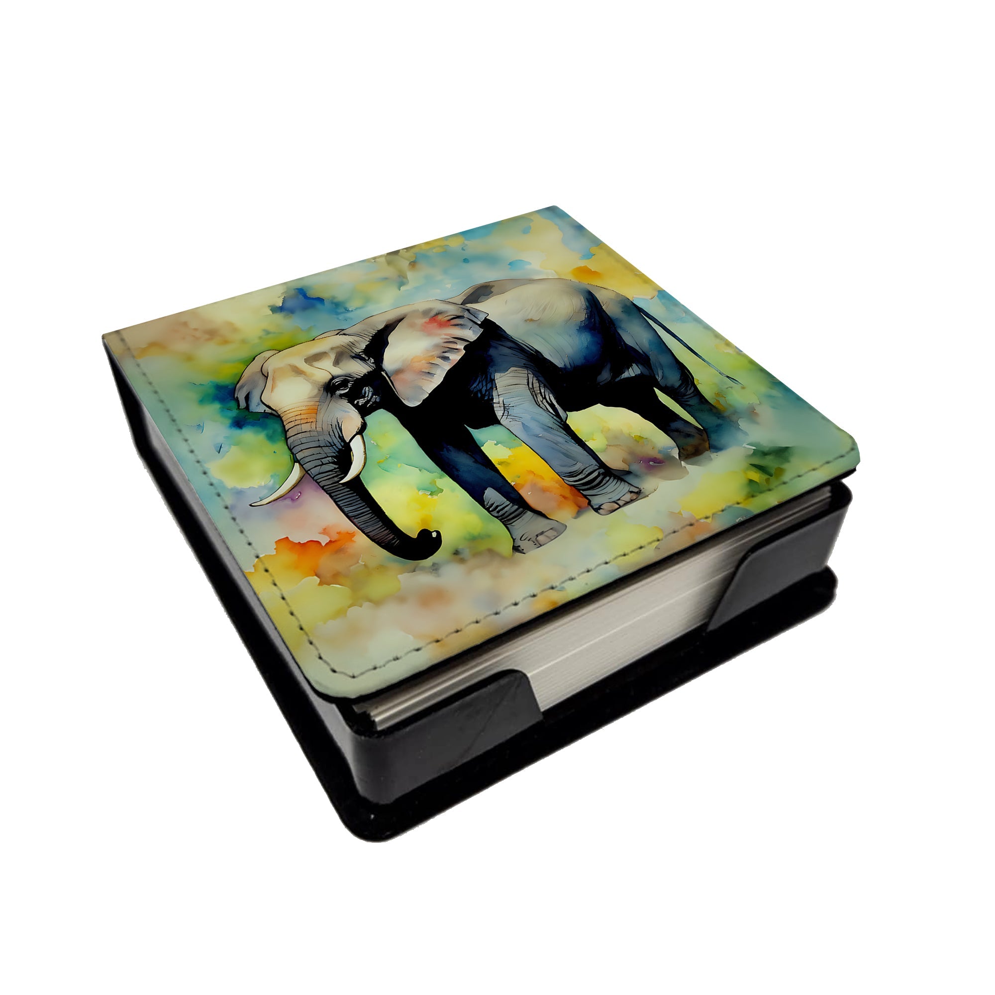Elephant PU Leather Note Paper Holder with Artist-Designed Cover, Desk Accessory, Office Gift