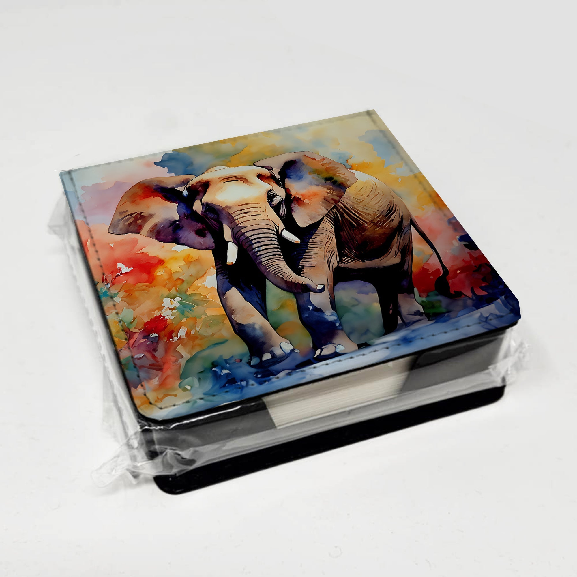 Elephant PU Leather Note Paper Holder with Artist-Designed Cover, Desk Accessory, Office Gift
