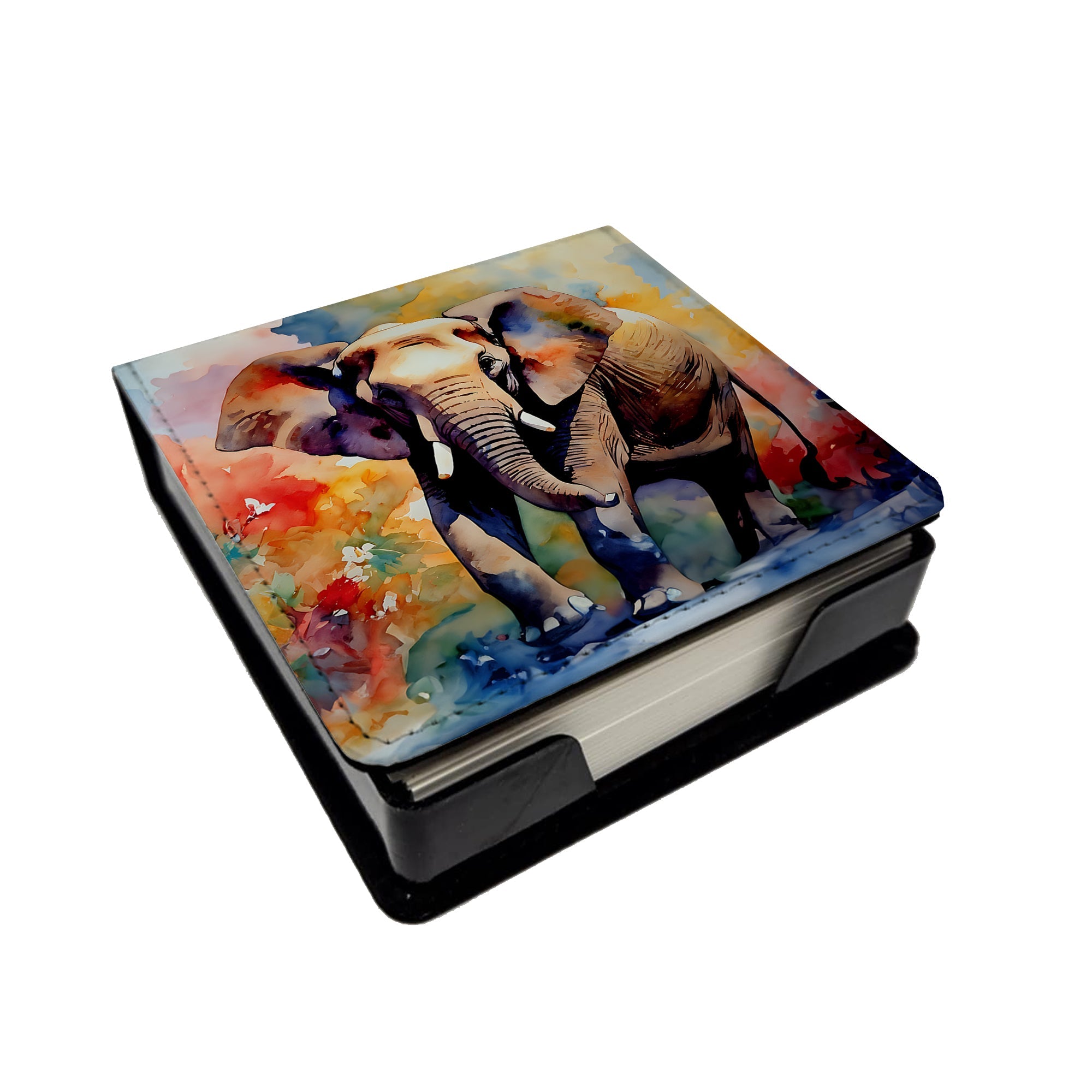 Elephant PU Leather Note Paper Holder with Artist-Designed Cover, Desk Accessory, Office Gift