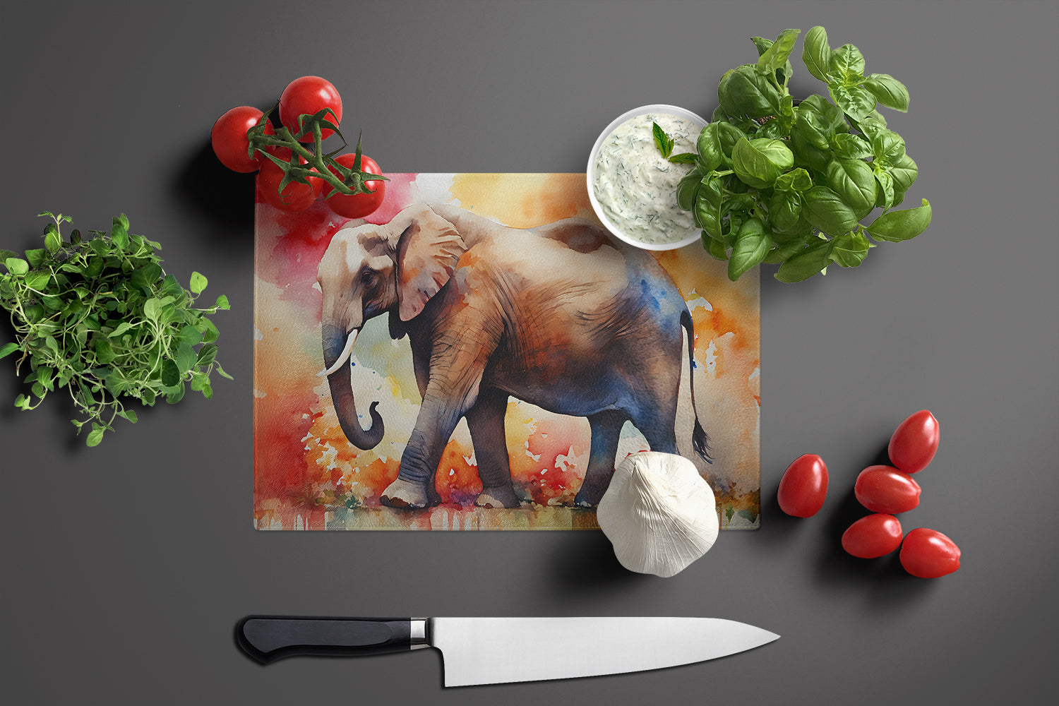 Elephant Cutting Board Tempered Glass Kitchen Cutting Surface, Heat Resistant Chopping, Non-Slip Feet, Food Prep & Serving