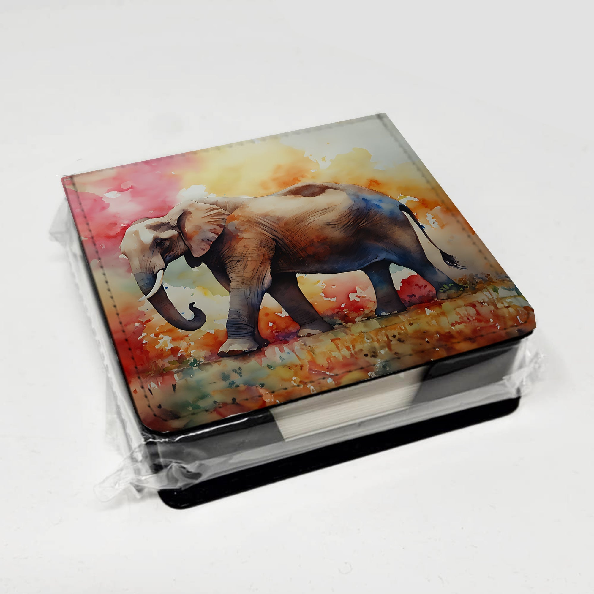 Elephant PU Leather Note Paper Holder with Artist-Designed Cover, Desk Accessory, Office Gift