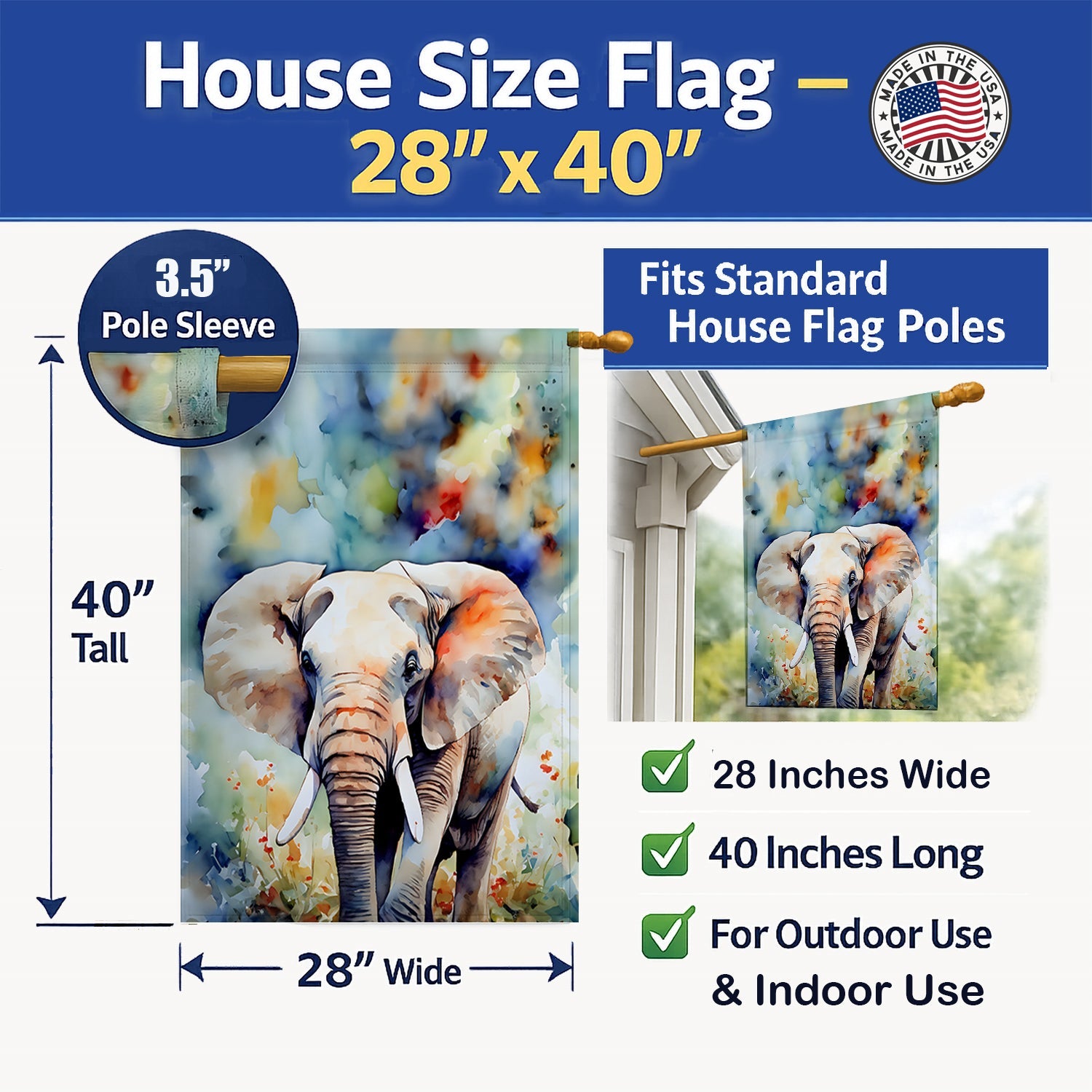 Elephant House Flag 28x40 Porch Sleeve Pole Decorative Outside Yard Banner Artwork Wall Hanging, Polyester
