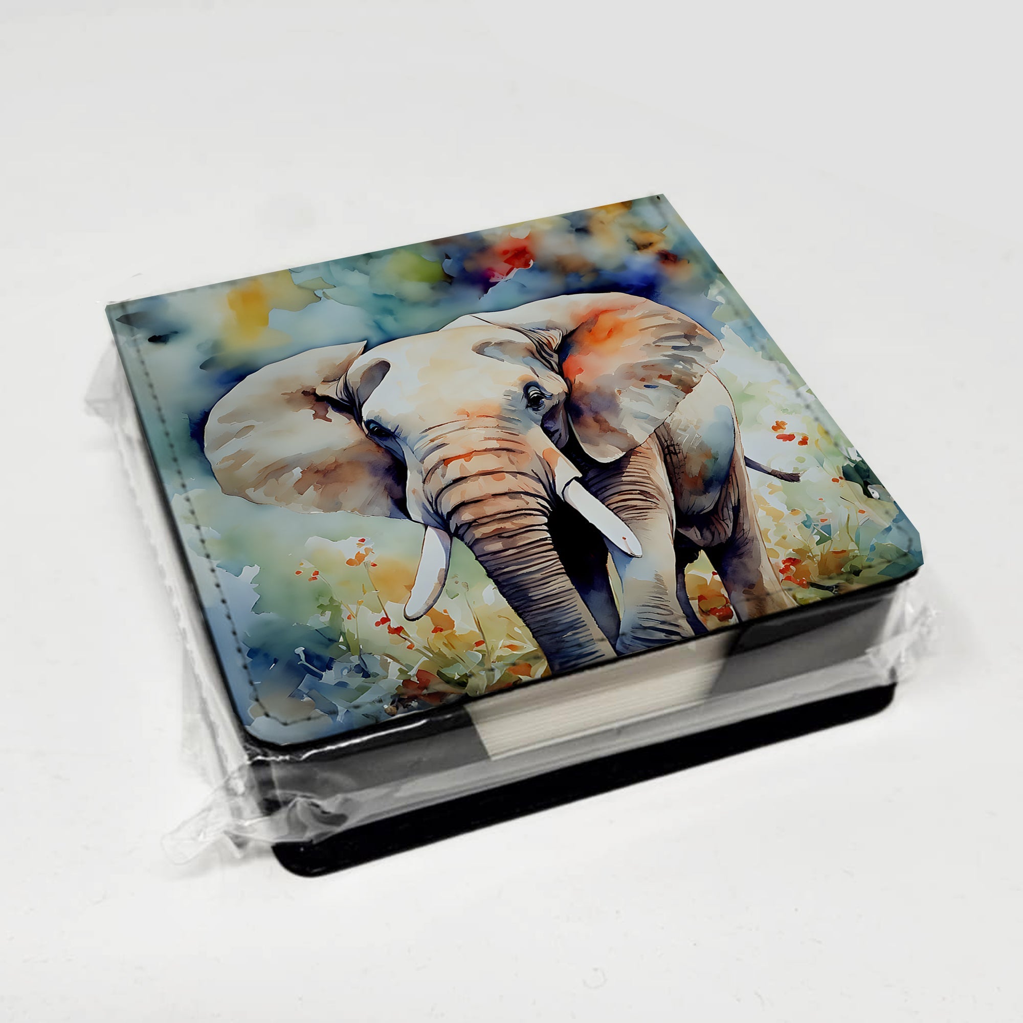 Elephant PU Leather Note Paper Holder with Artist-Designed Cover, Desk Accessory, Office Gift