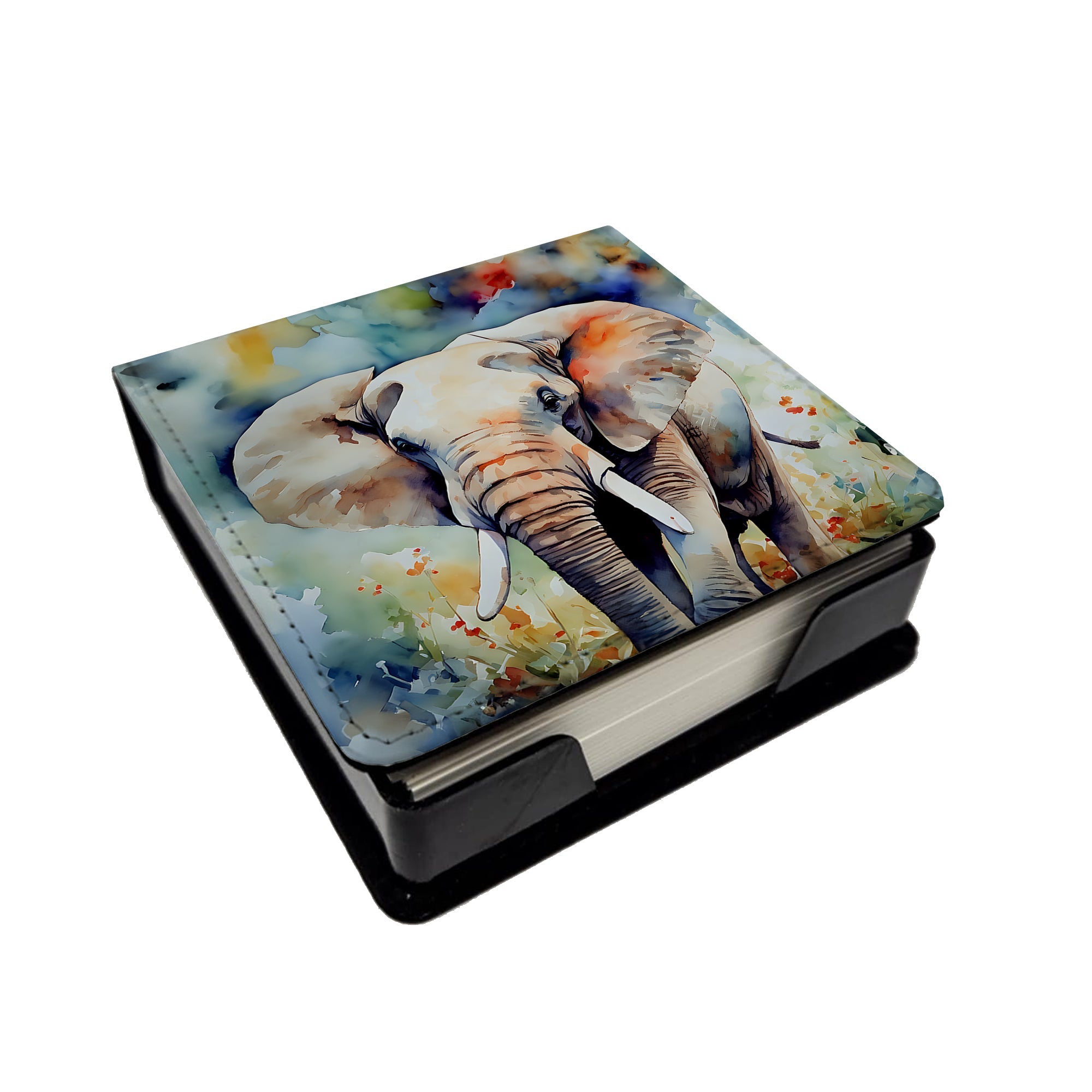 Elephant PU Leather Note Paper Holder with Artist-Designed Cover, Desk Accessory, Office Gift