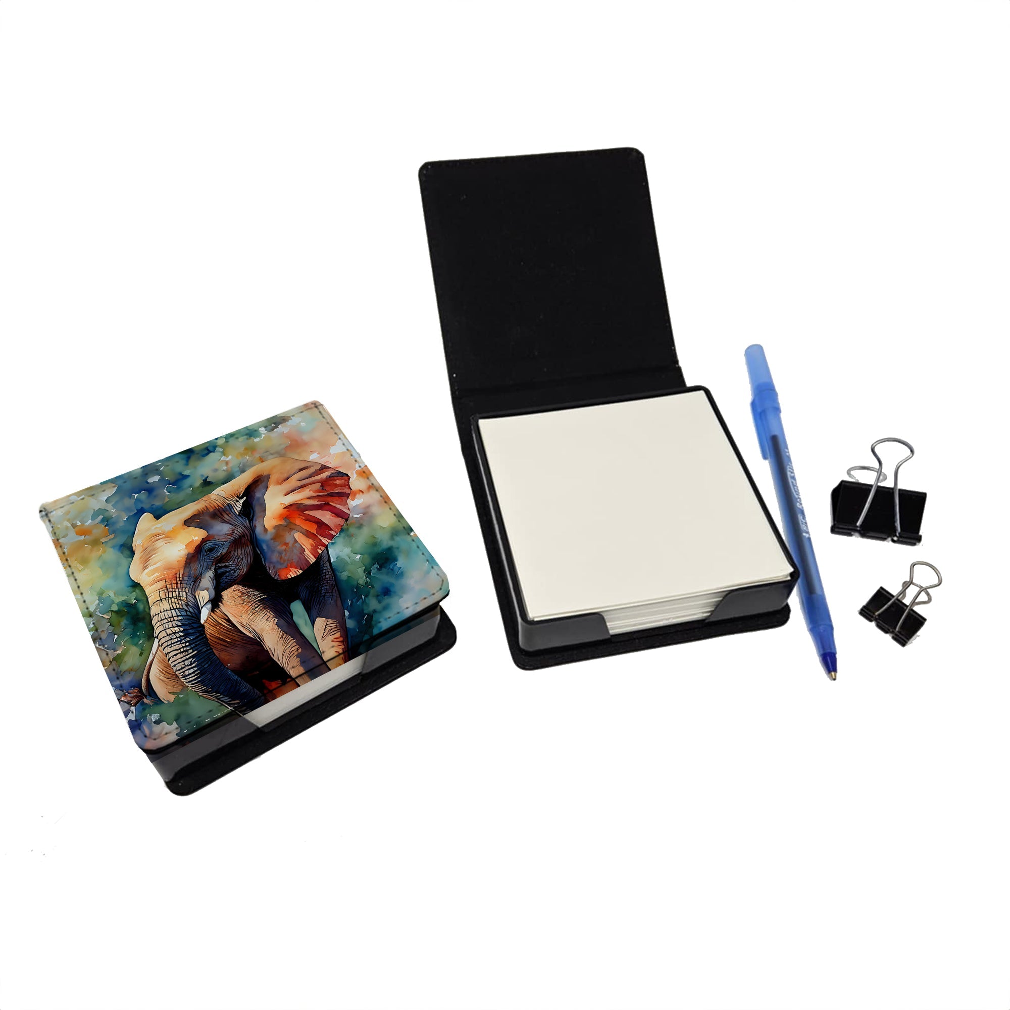Elephant PU Leather Note Paper Holder with Artist-Designed Cover, Desk Accessory, Office Gift