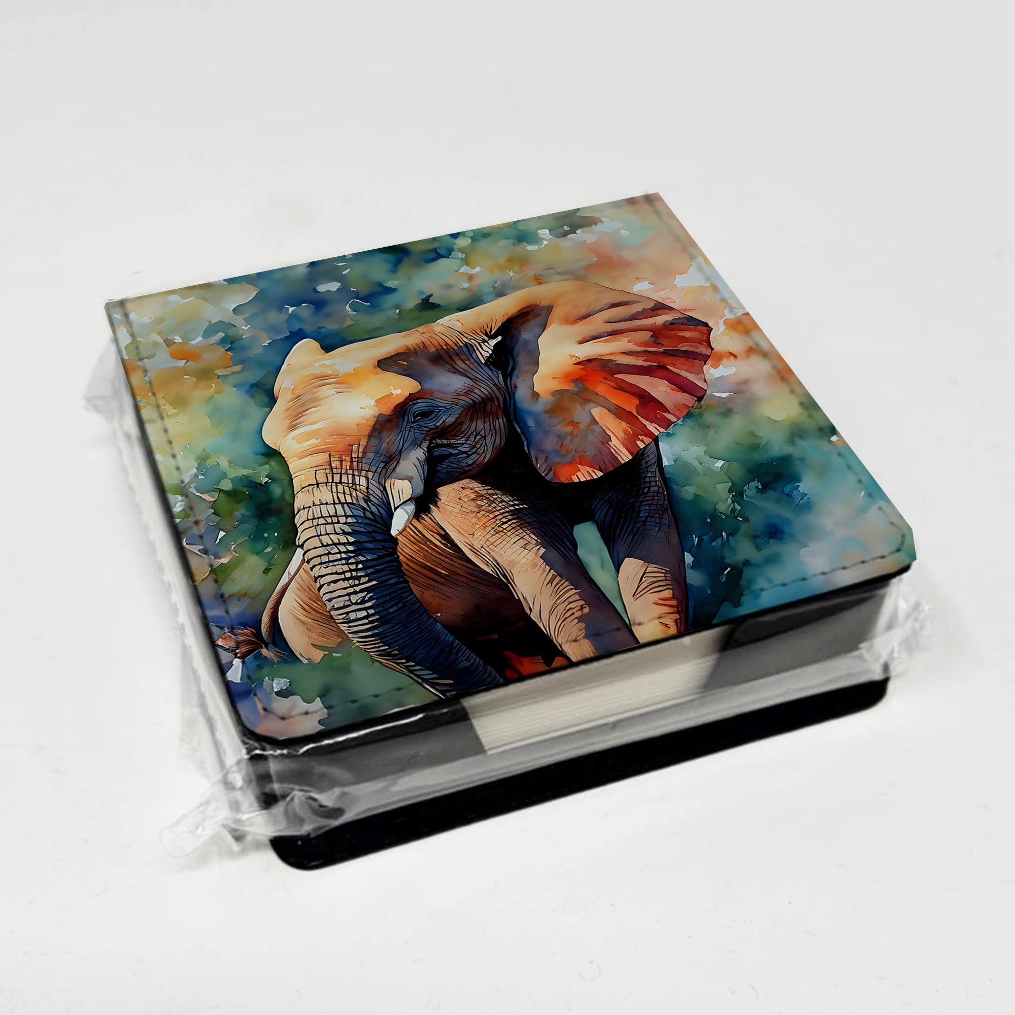 Elephant PU Leather Note Paper Holder with Artist-Designed Cover, Desk Accessory, Office Gift