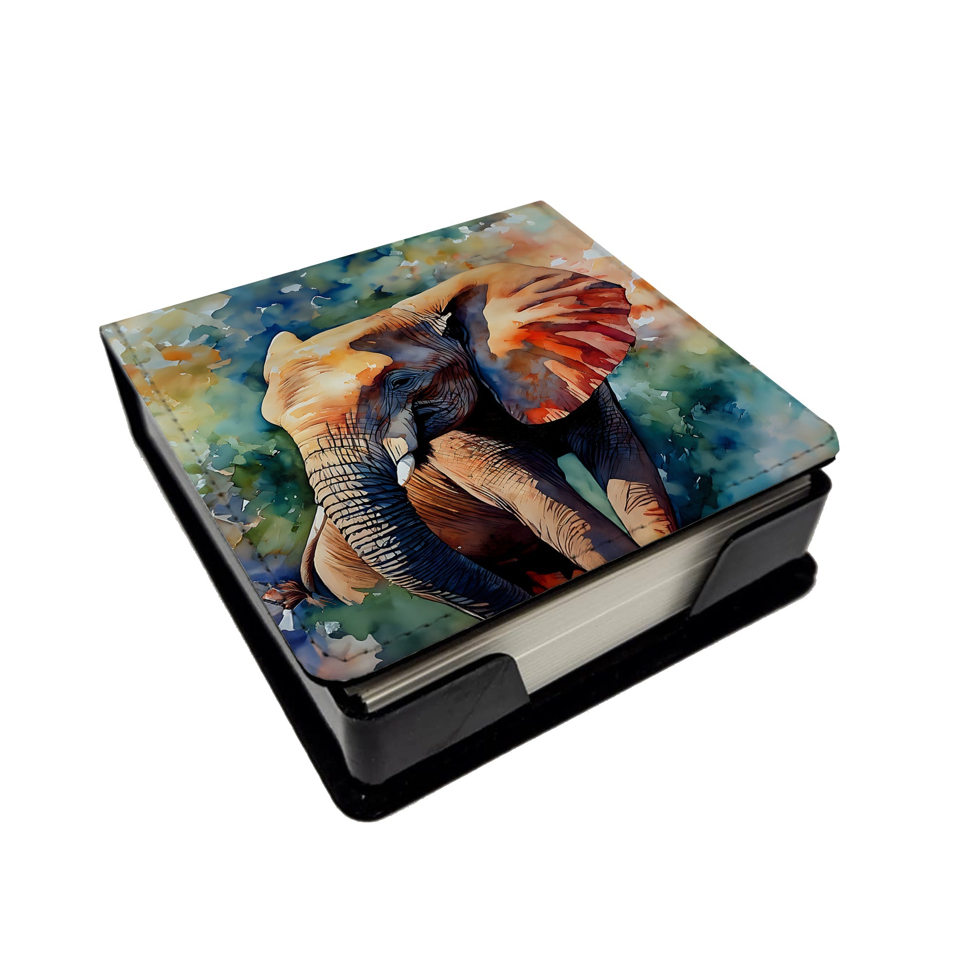 Elephant PU Leather Note Paper Holder with Artist-Designed Cover, Desk Accessory, Office Gift