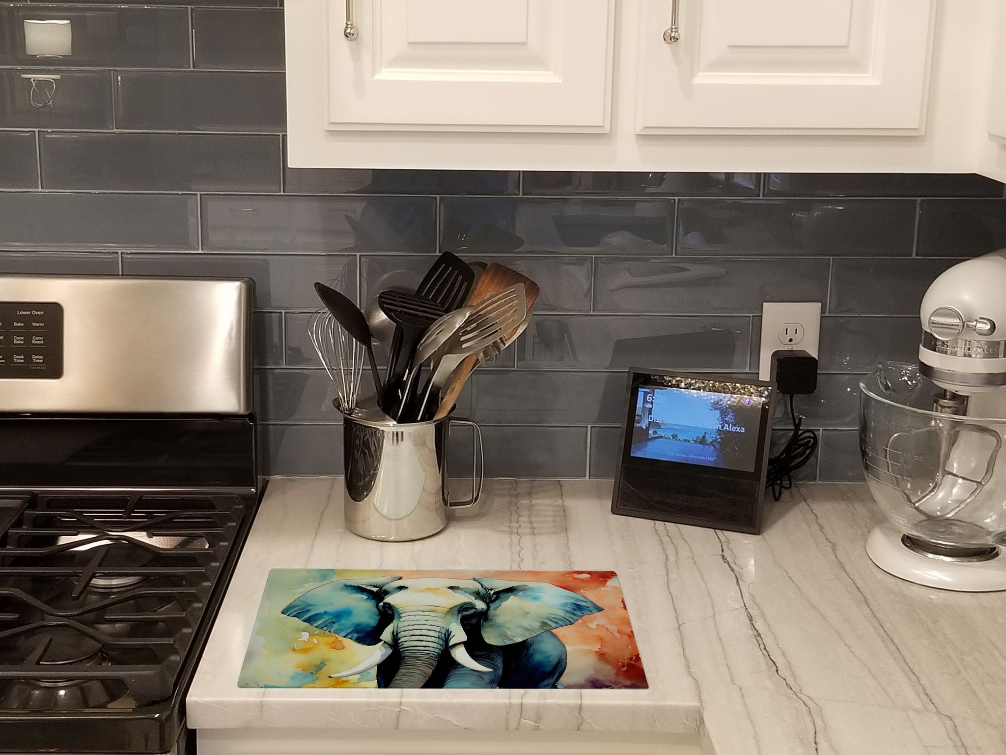 Elephant Cutting Board Tempered Glass Kitchen Cutting Surface, Heat Resistant Chopping, Non-Slip Feet, Food Prep & Serving