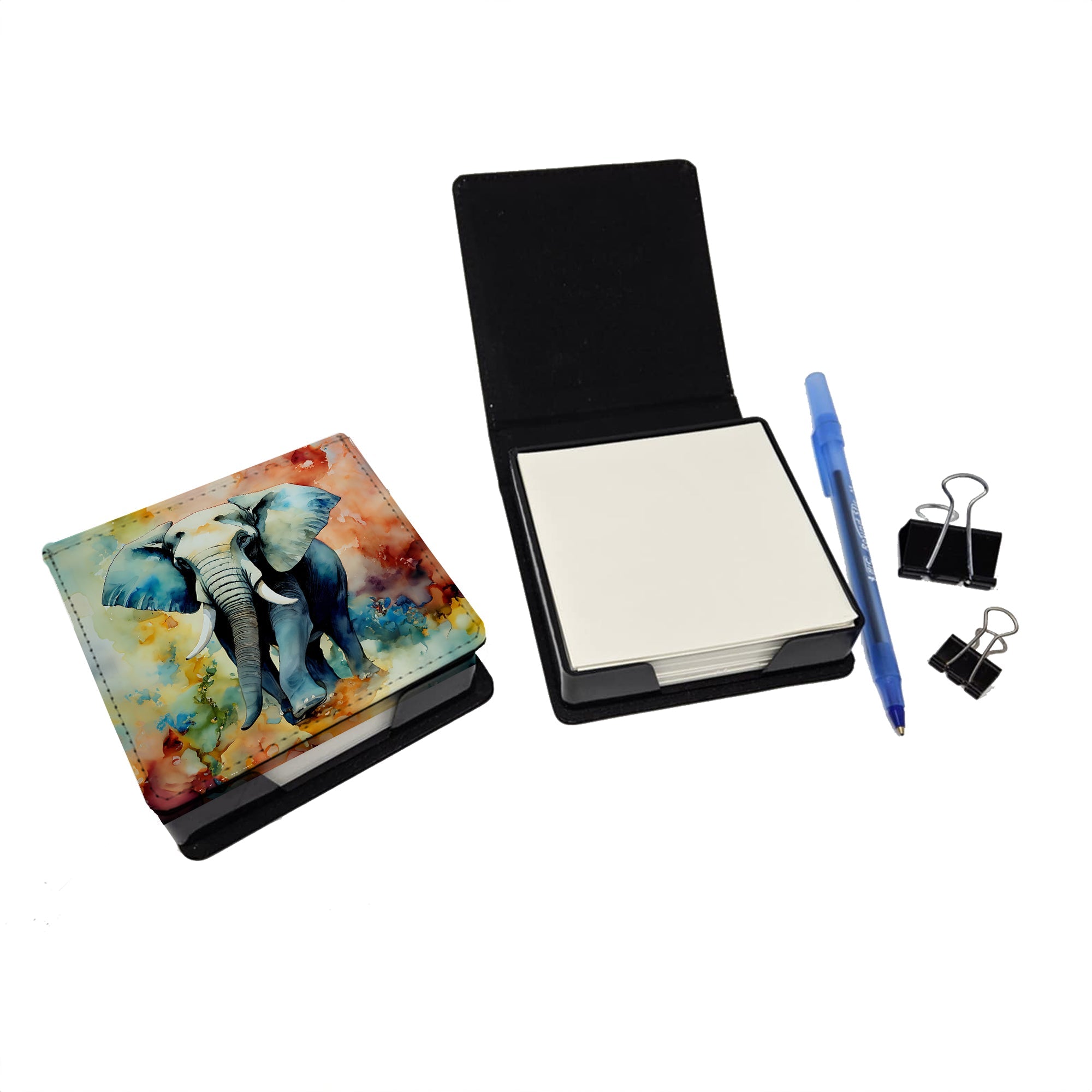 Elephant PU Leather Note Paper Holder with Artist-Designed Cover, Desk Accessory, Office Gift