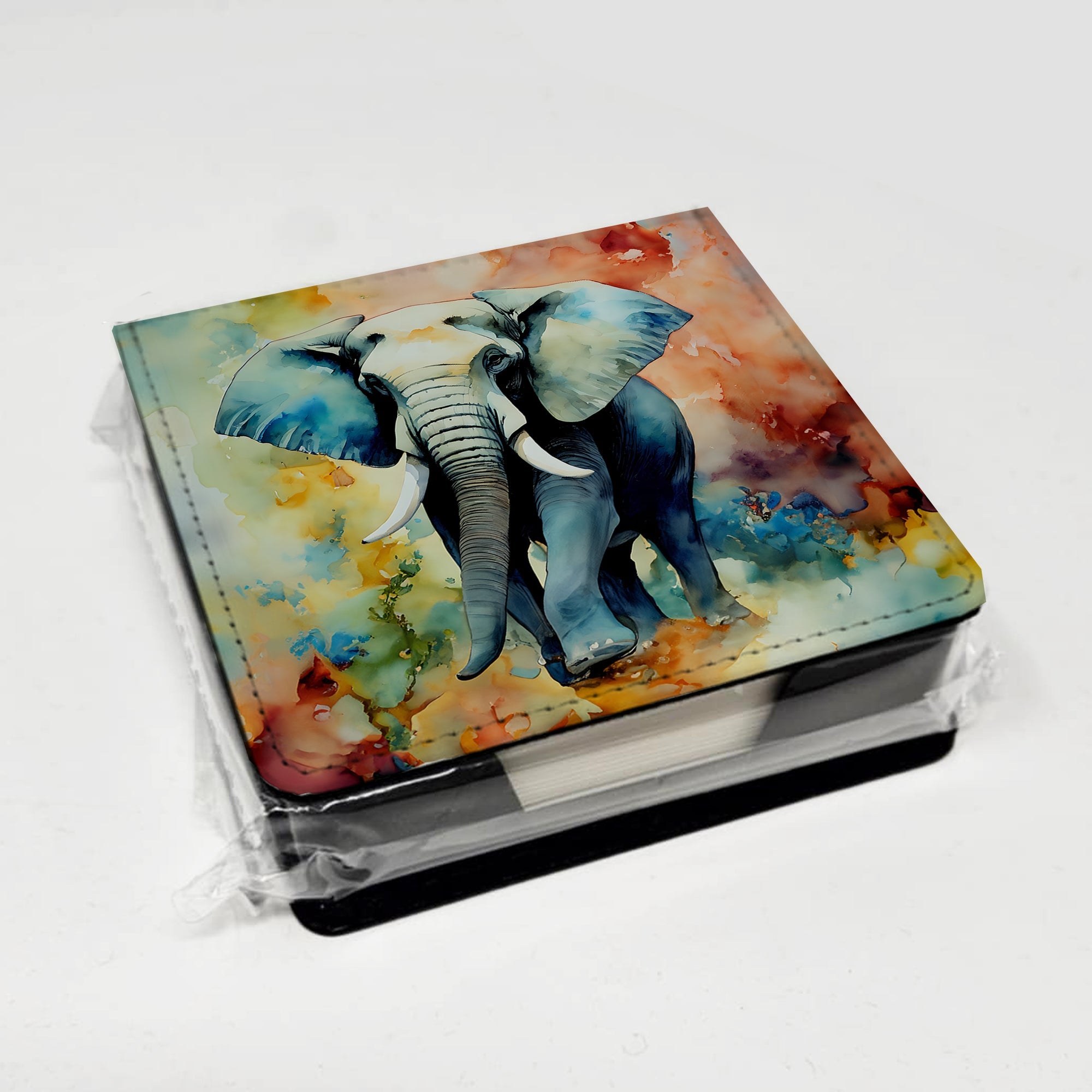 Elephant PU Leather Note Paper Holder with Artist-Designed Cover, Desk Accessory, Office Gift