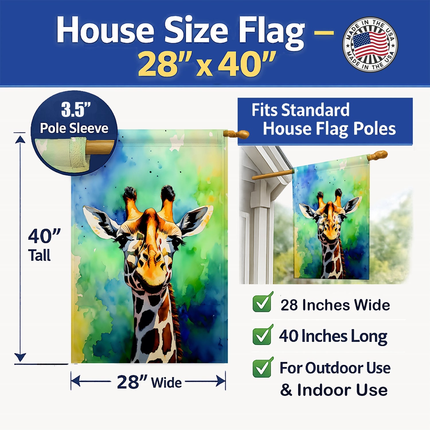 Giraffe House Flag 28x40 Porch Sleeve Pole Decorative Outside Yard Banner Artwork Wall Hanging, Polyester