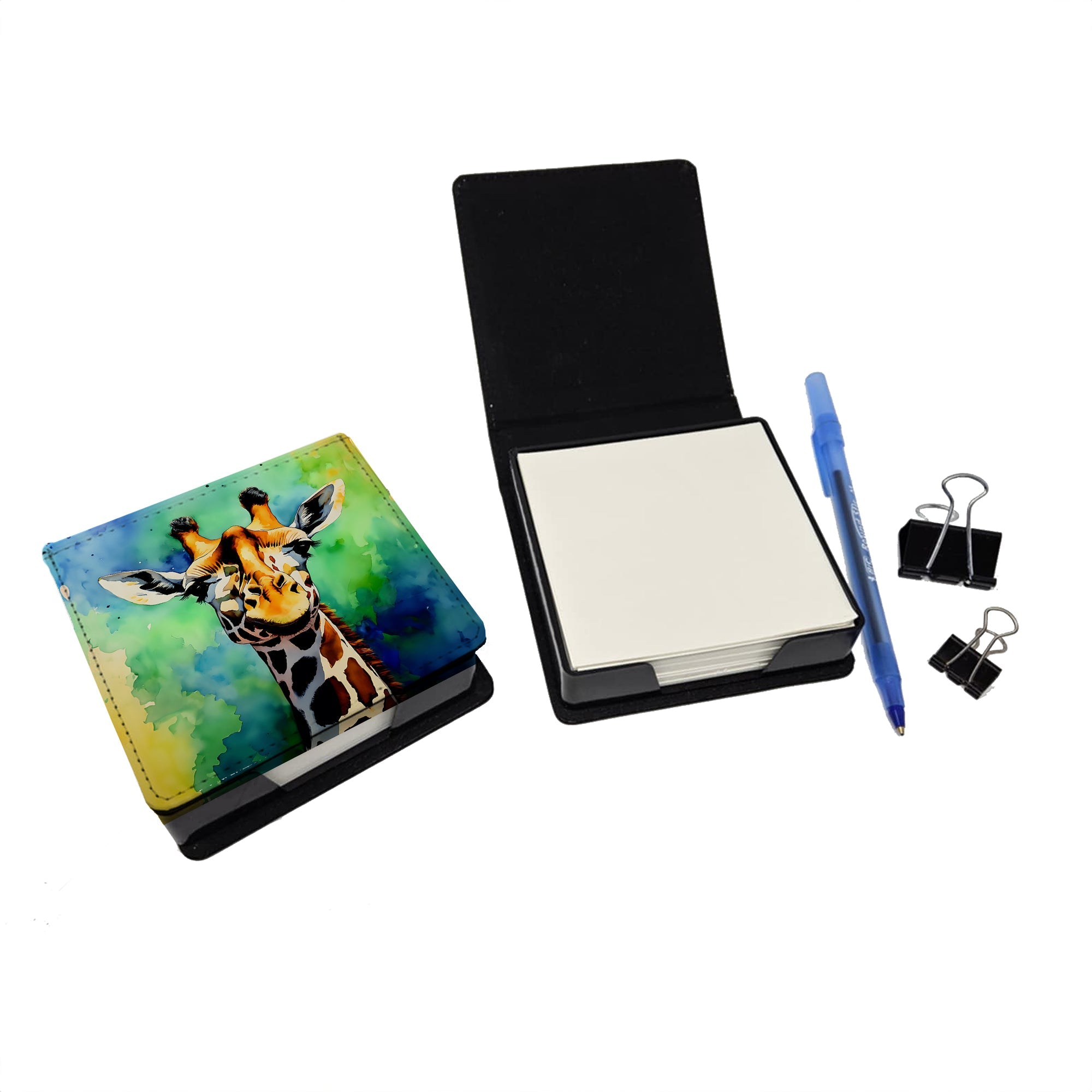 Giraffe PU Leather Note Paper Holder with Artist-Designed Cover, Desk Accessory, Office Gift