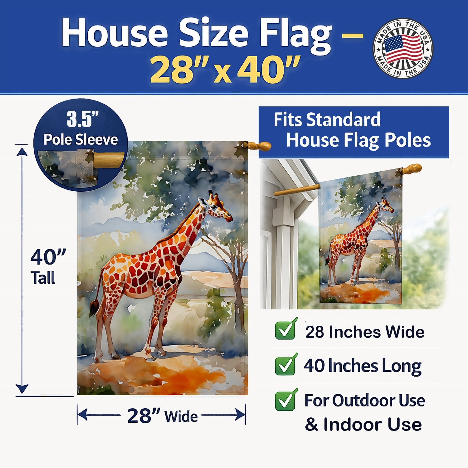 Giraffe House Flag 28x40 Porch Sleeve Pole Decorative Outside Yard Banner Artwork Wall Hanging, Polyester