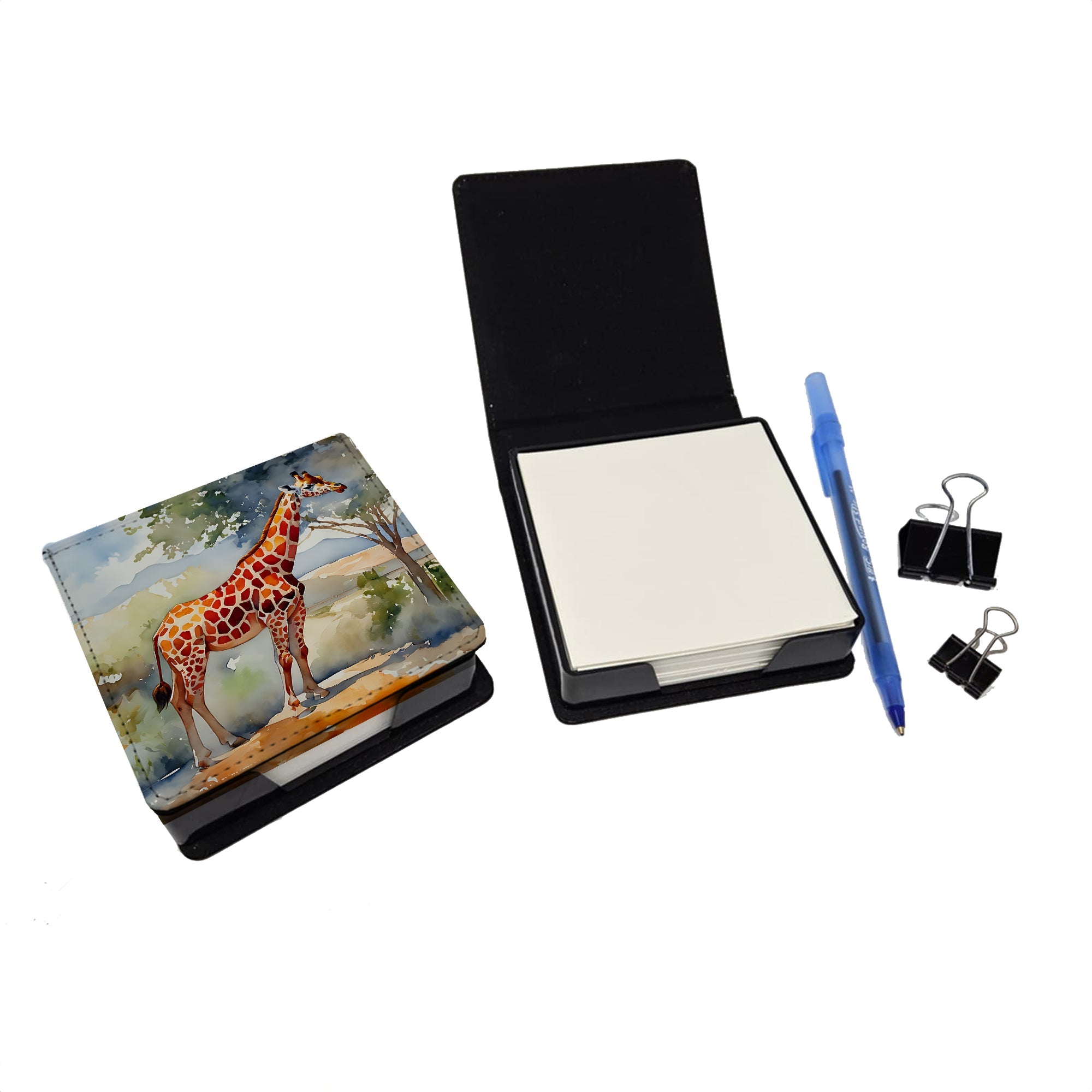 Giraffe PU Leather Note Paper Holder with Artist-Designed Cover, Desk Accessory, Office Gift