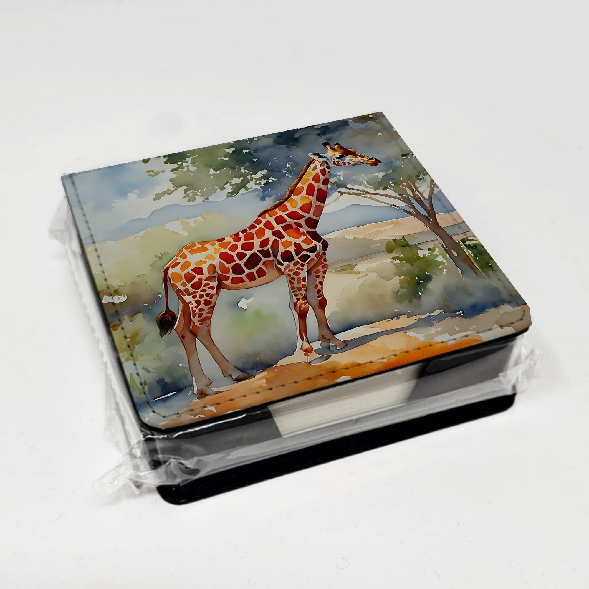 Giraffe PU Leather Note Paper Holder with Artist-Designed Cover, Desk Accessory, Office Gift