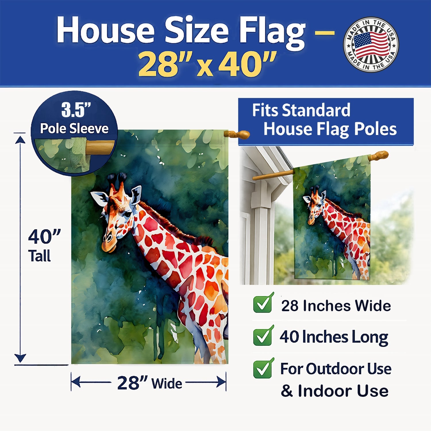 Giraffe House Flag 28x40 Porch Sleeve Pole Decorative Outside Yard Banner Artwork Wall Hanging, Polyester