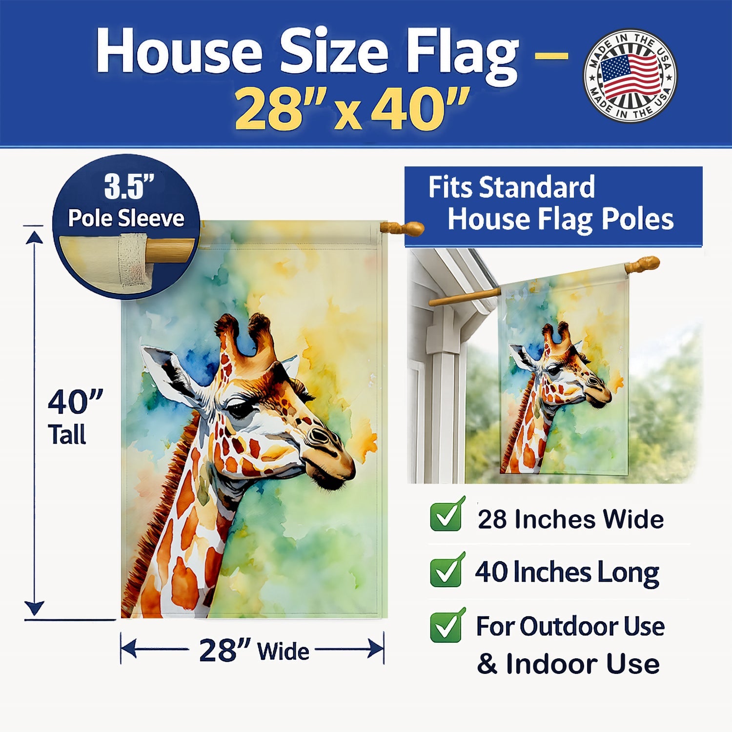 Giraffe House Flag 28x40 Porch Sleeve Pole Decorative Outside Yard Banner Artwork Wall Hanging, Polyester