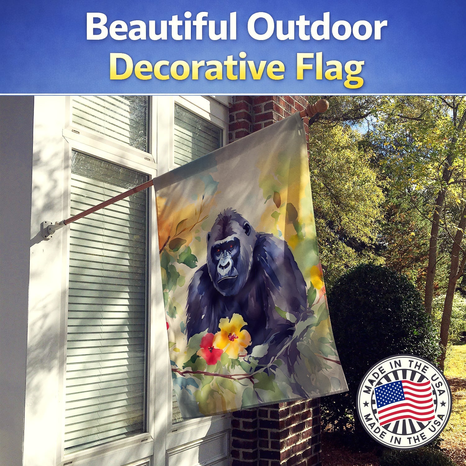 Gorilla House Flag 28x40 Porch Sleeve Pole Decorative Outside Yard Banner Artwork Wall Hanging, Polyester