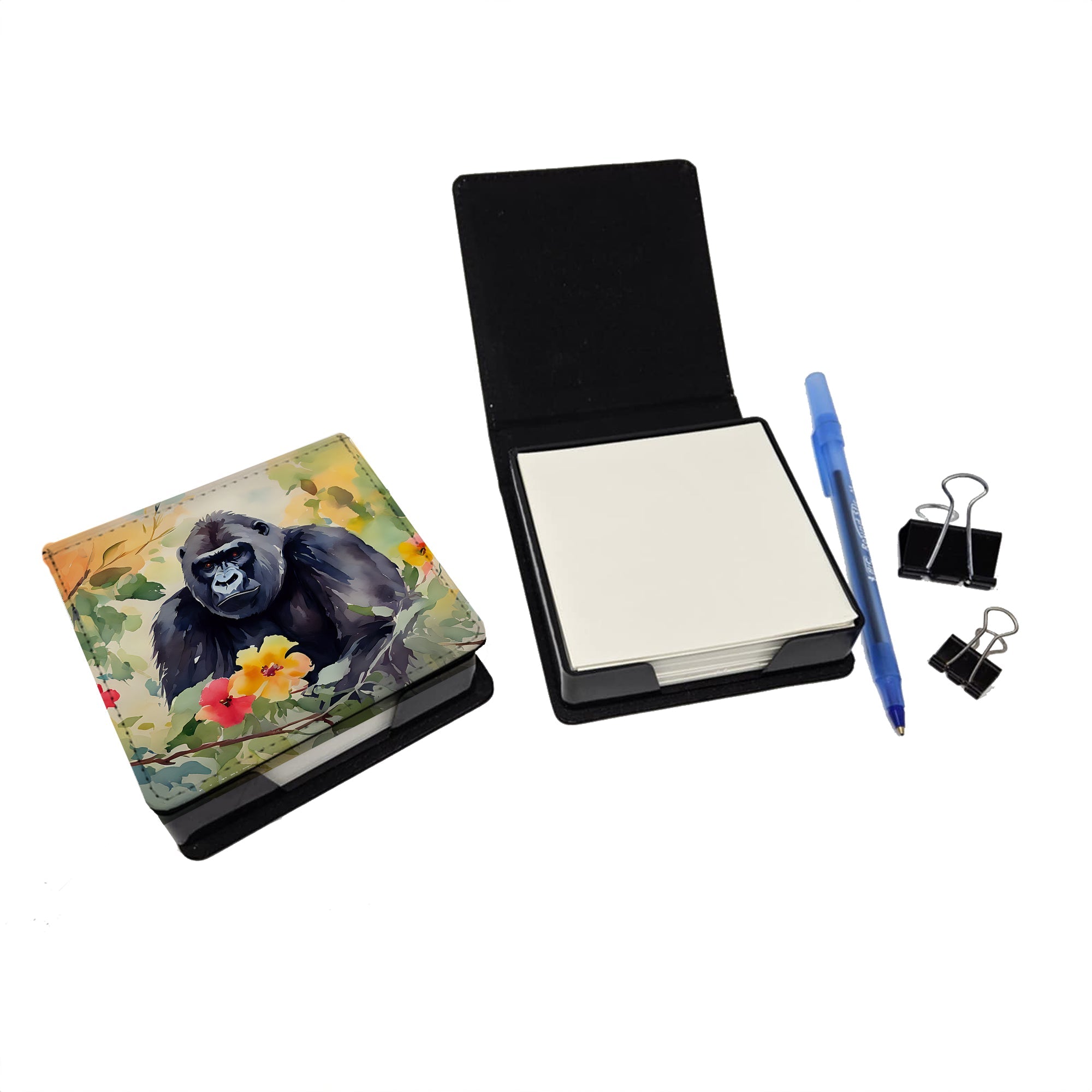 Gorilla PU Leather Note Paper Holder with Artist-Designed Cover, Desk Accessory, Office Gift