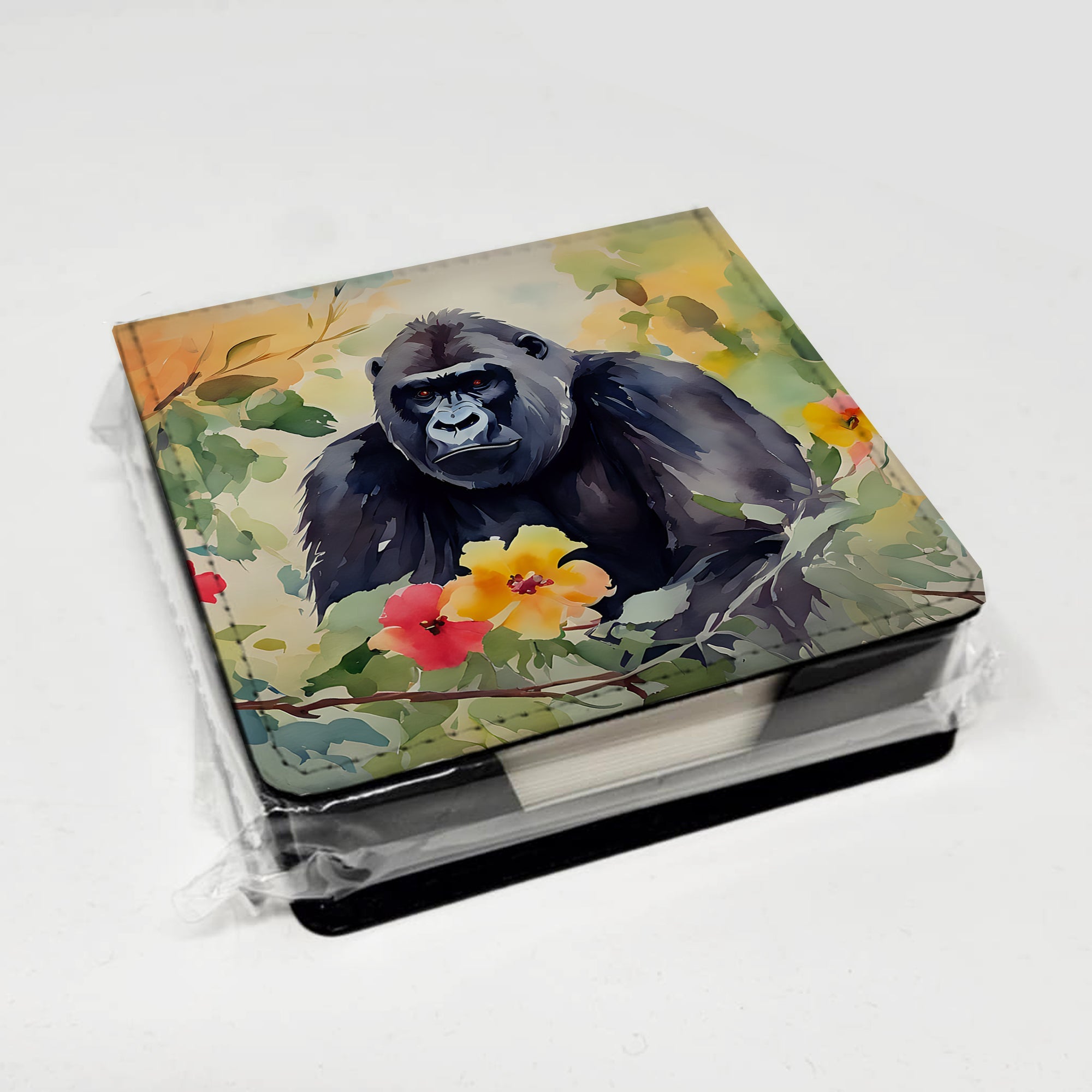 Gorilla PU Leather Note Paper Holder with Artist-Designed Cover, Desk Accessory, Office Gift