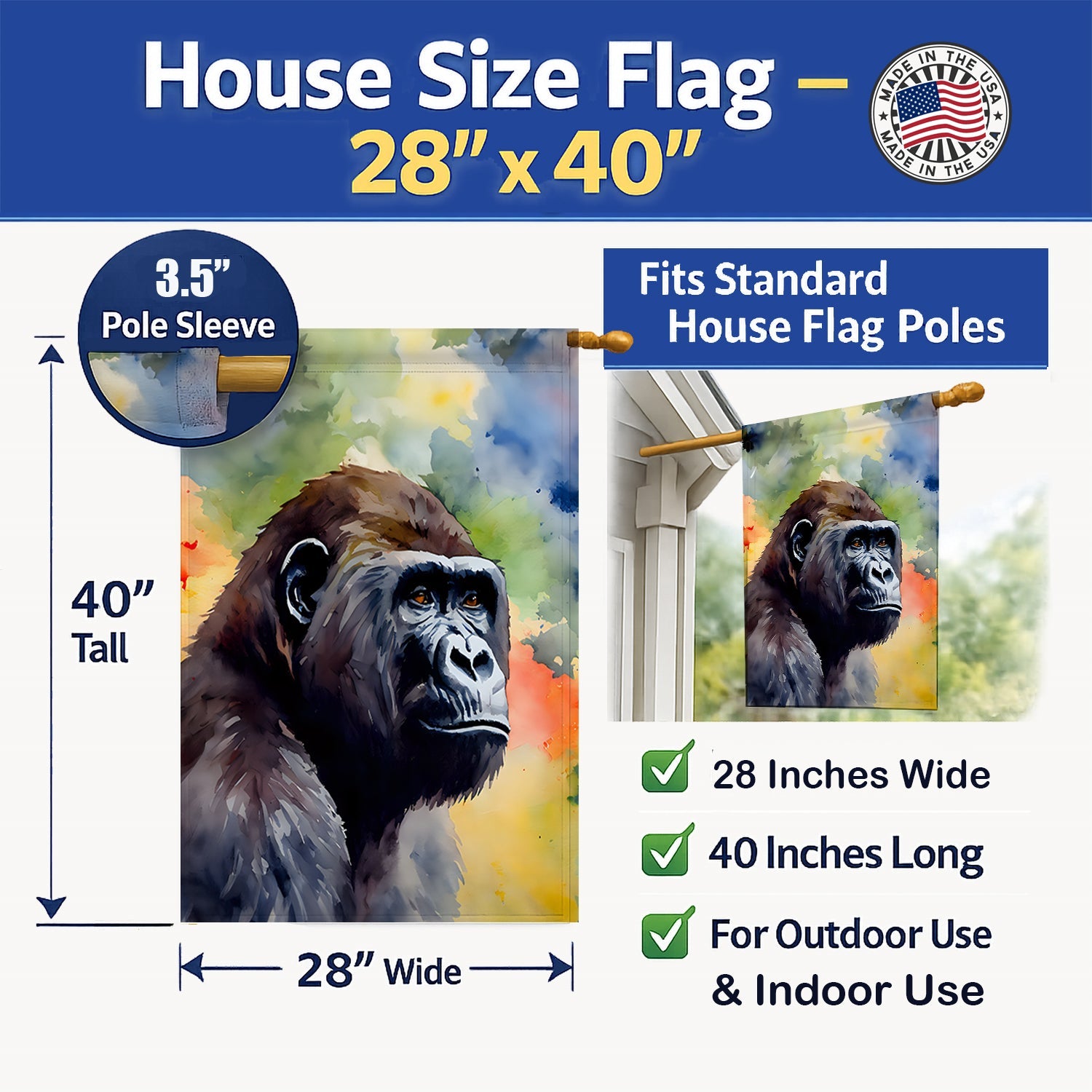 Gorilla House Flag 28x40 Porch Sleeve Pole Decorative Outside Yard Banner Artwork Wall Hanging, Polyester