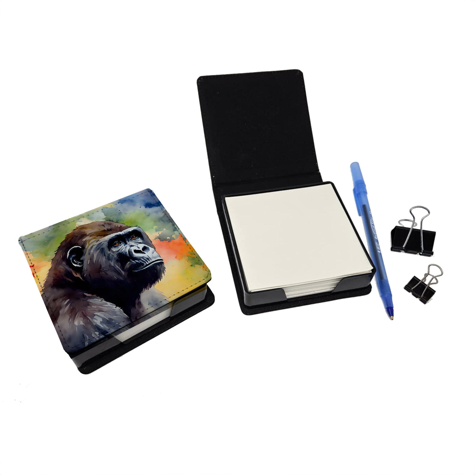 Gorilla PU Leather Note Paper Holder with Artist-Designed Cover, Desk Accessory, Office Gift