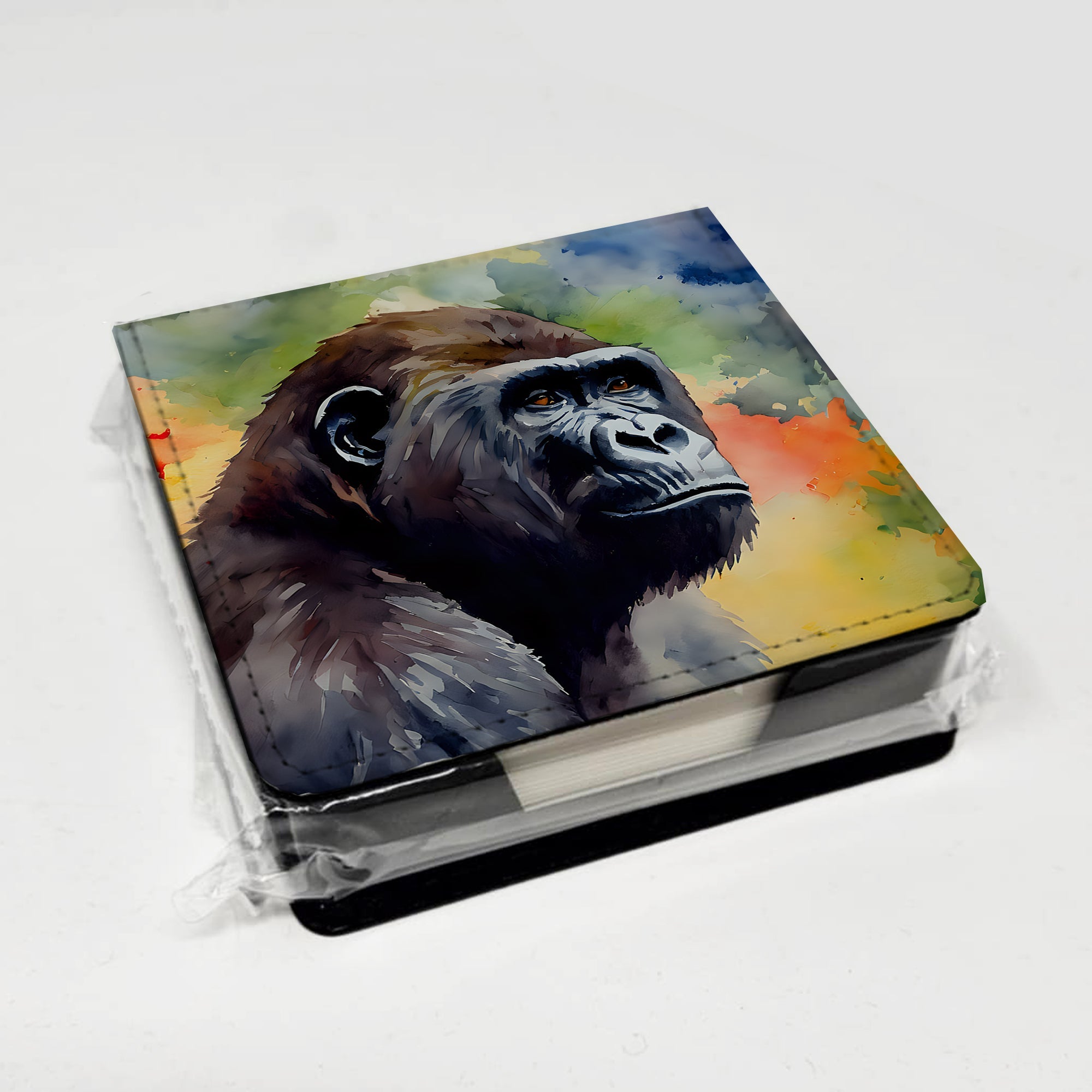 Gorilla PU Leather Note Paper Holder with Artist-Designed Cover, Desk Accessory, Office Gift