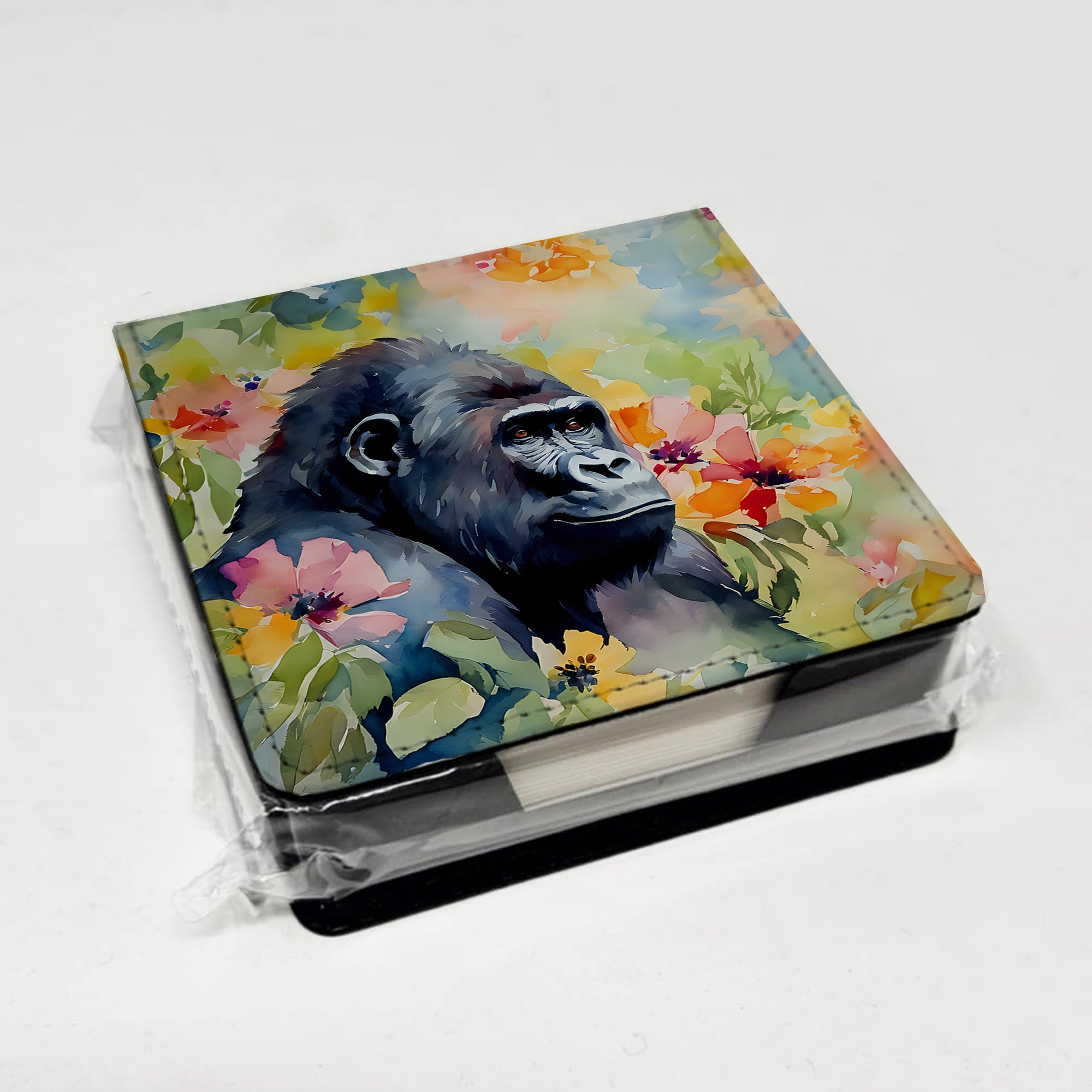 Gorilla PU Leather Note Paper Holder with Artist-Designed Cover, Desk Accessory, Office Gift