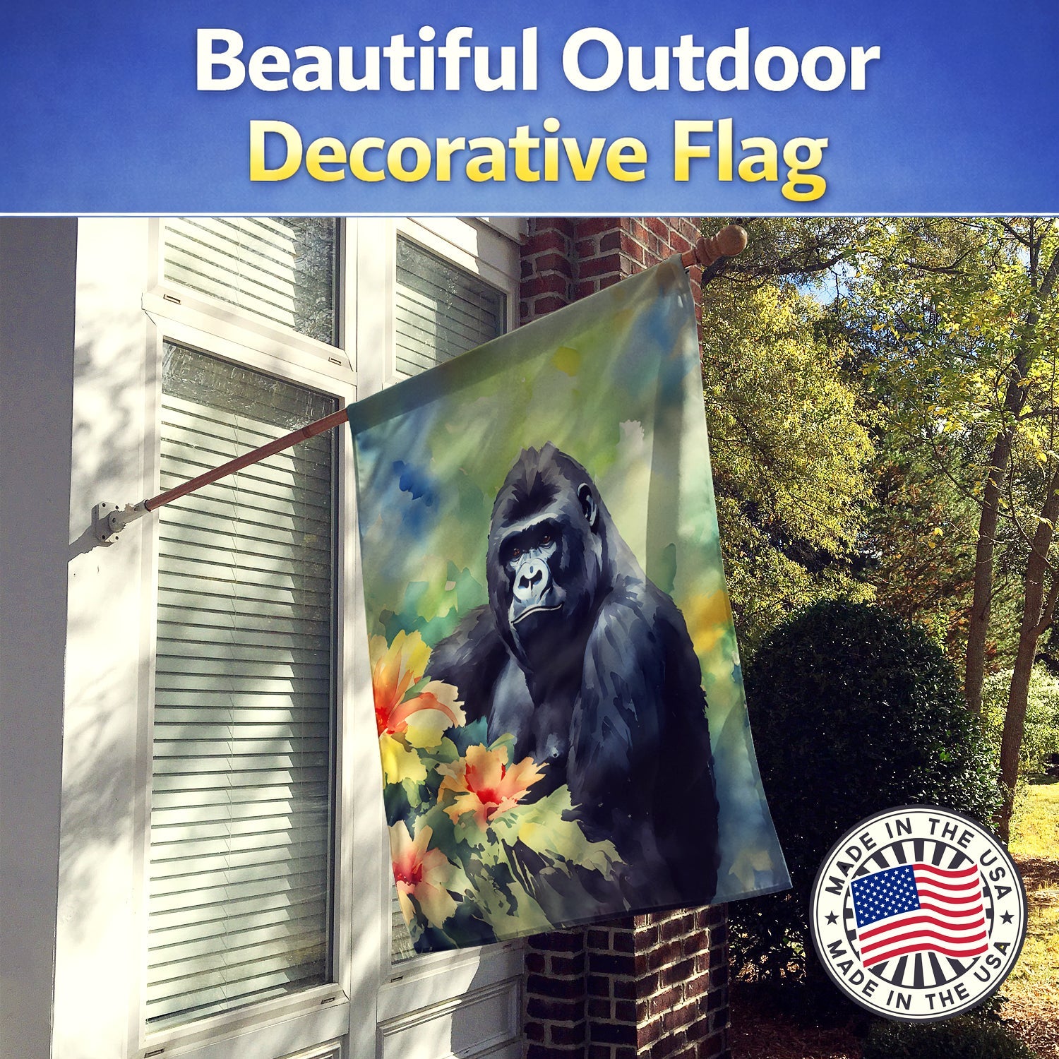 Gorilla House Flag 28x40 Porch Sleeve Pole Decorative Outside Yard Banner Artwork Wall Hanging, Polyester