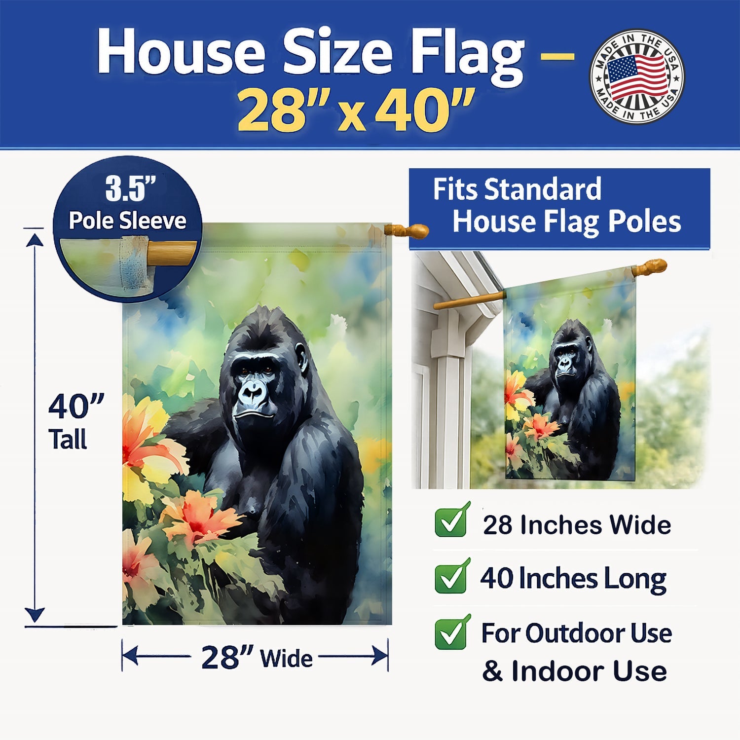 Gorilla House Flag 28x40 Porch Sleeve Pole Decorative Outside Yard Banner Artwork Wall Hanging, Polyester