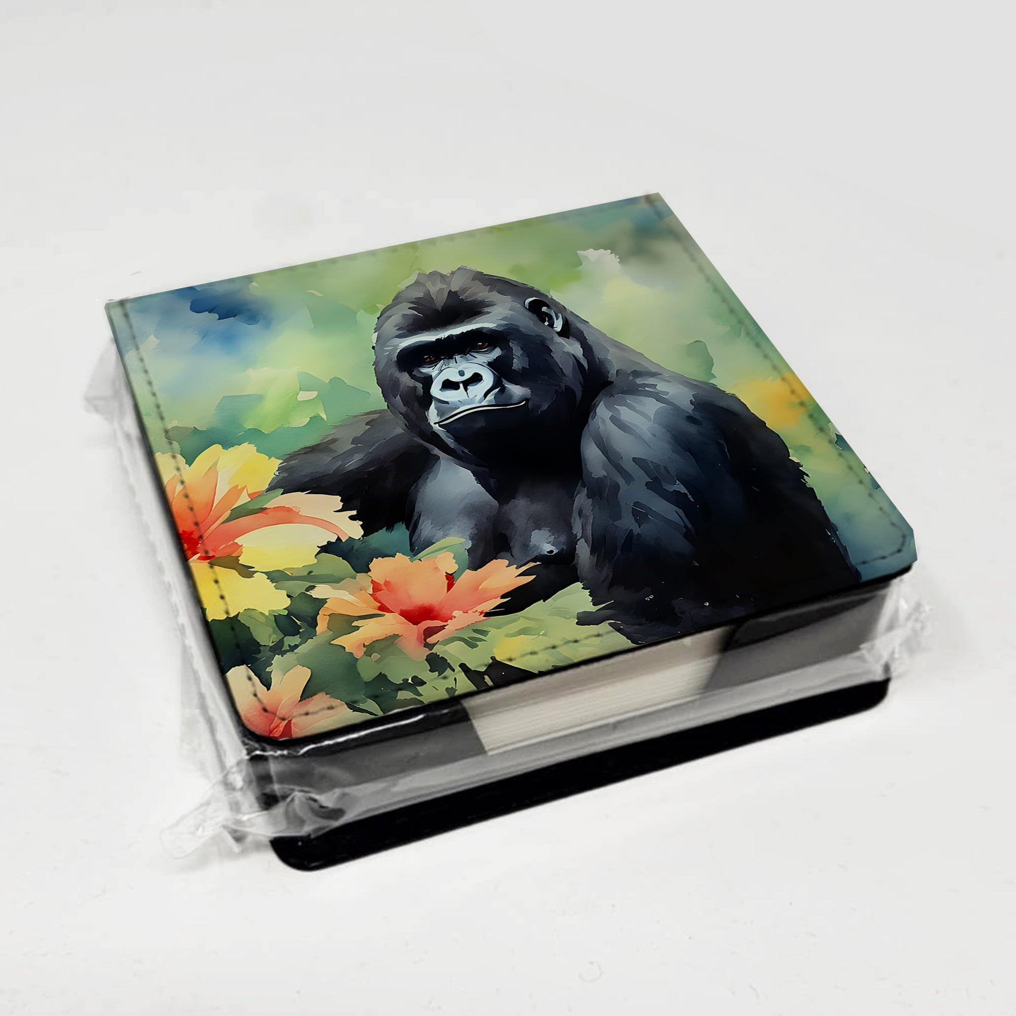 Gorilla PU Leather Note Paper Holder with Artist-Designed Cover, Desk Accessory, Office Gift