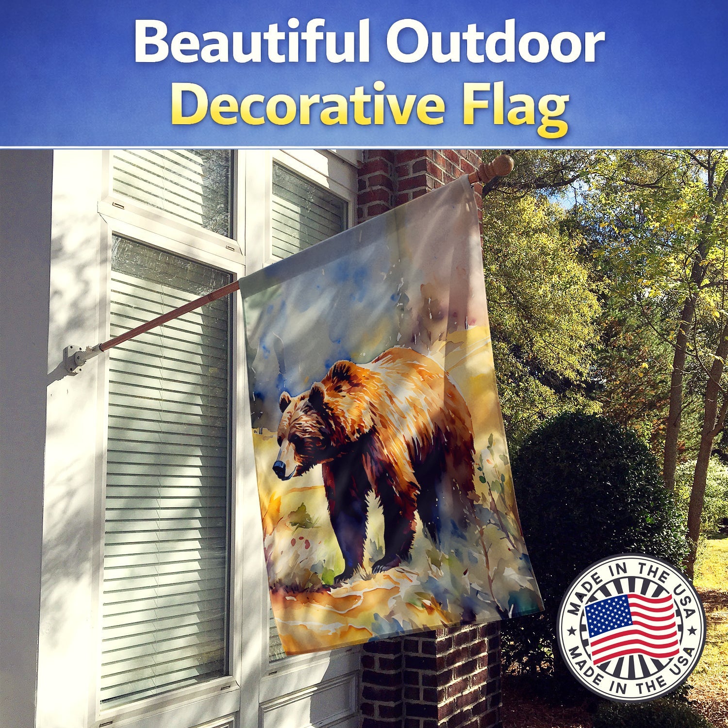 Grizzly Bear House Flag 28x40 Porch Sleeve Pole Decorative Outside Yard Banner Artwork Wall Hanging, Polyester